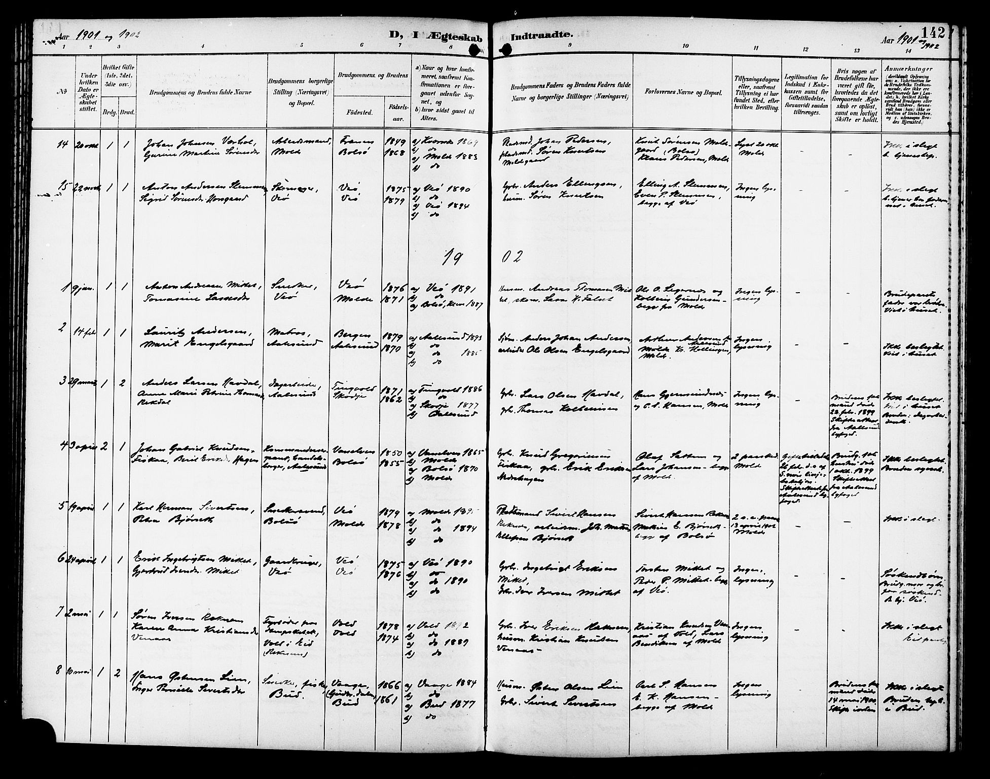 Ministerialprotokoller, klokkerbøker og fødselsregistre - Møre og Romsdal, SAT/A-1454/558/L0702: Parish register (copy) no. 558C03, 1894-1915, p. 142