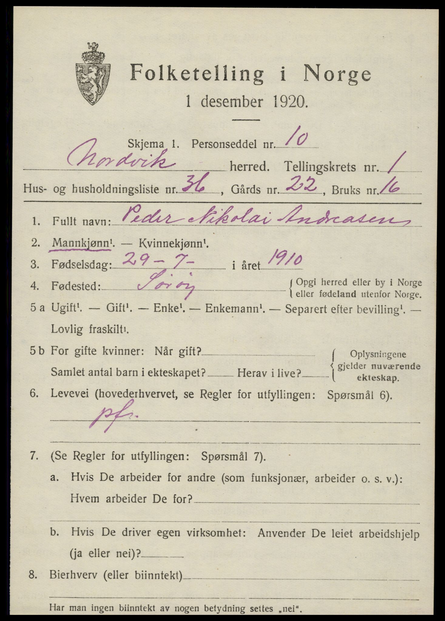 SAT, 1920 census for Nordvik, 1920, p. 1038