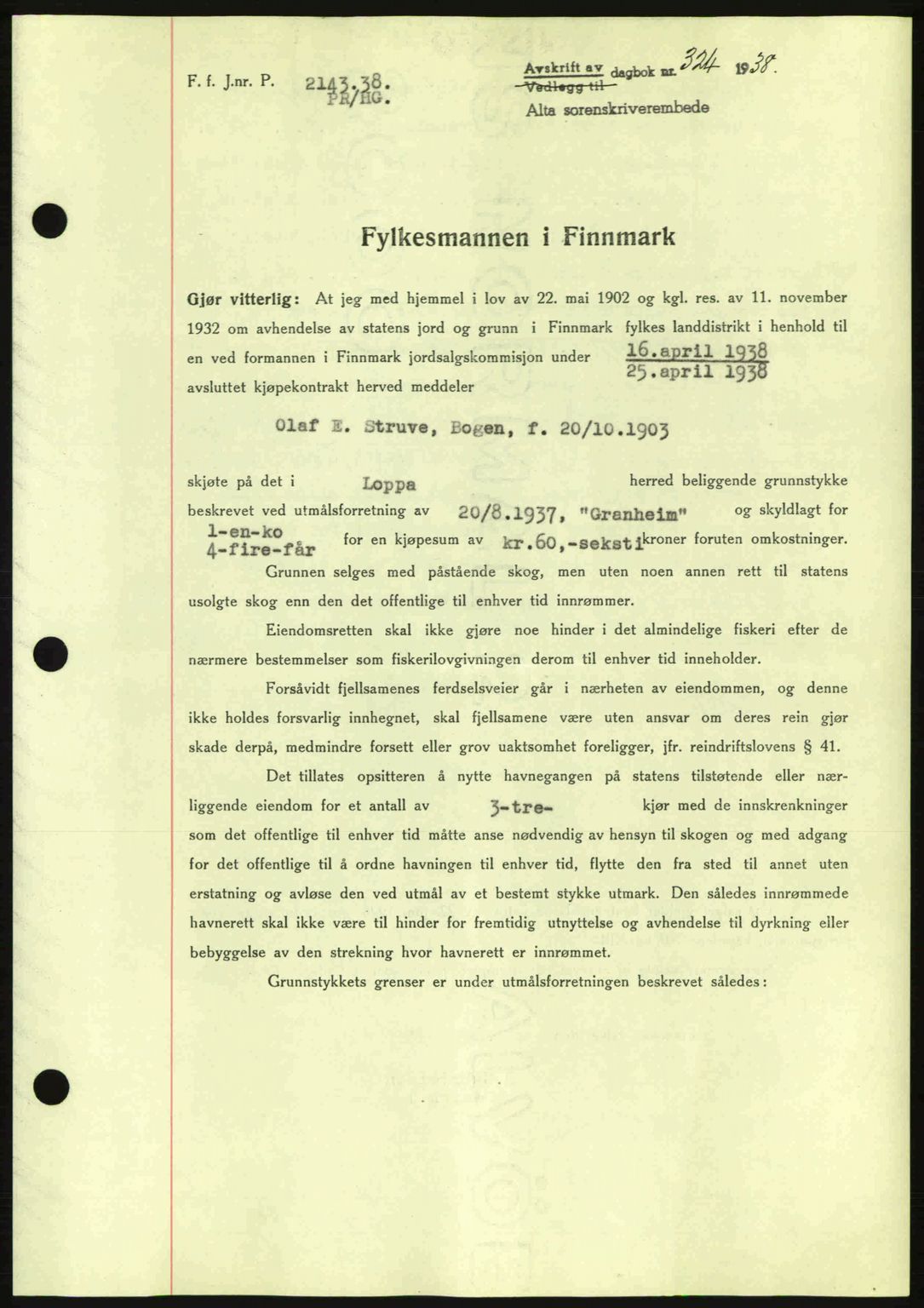 Alta fogderi/sorenskriveri, SATØ/SATØ-5/1/K/Kd/L0031pantebok: Mortgage book no. 31, 1938-1939, Diary no: : 324/1938
