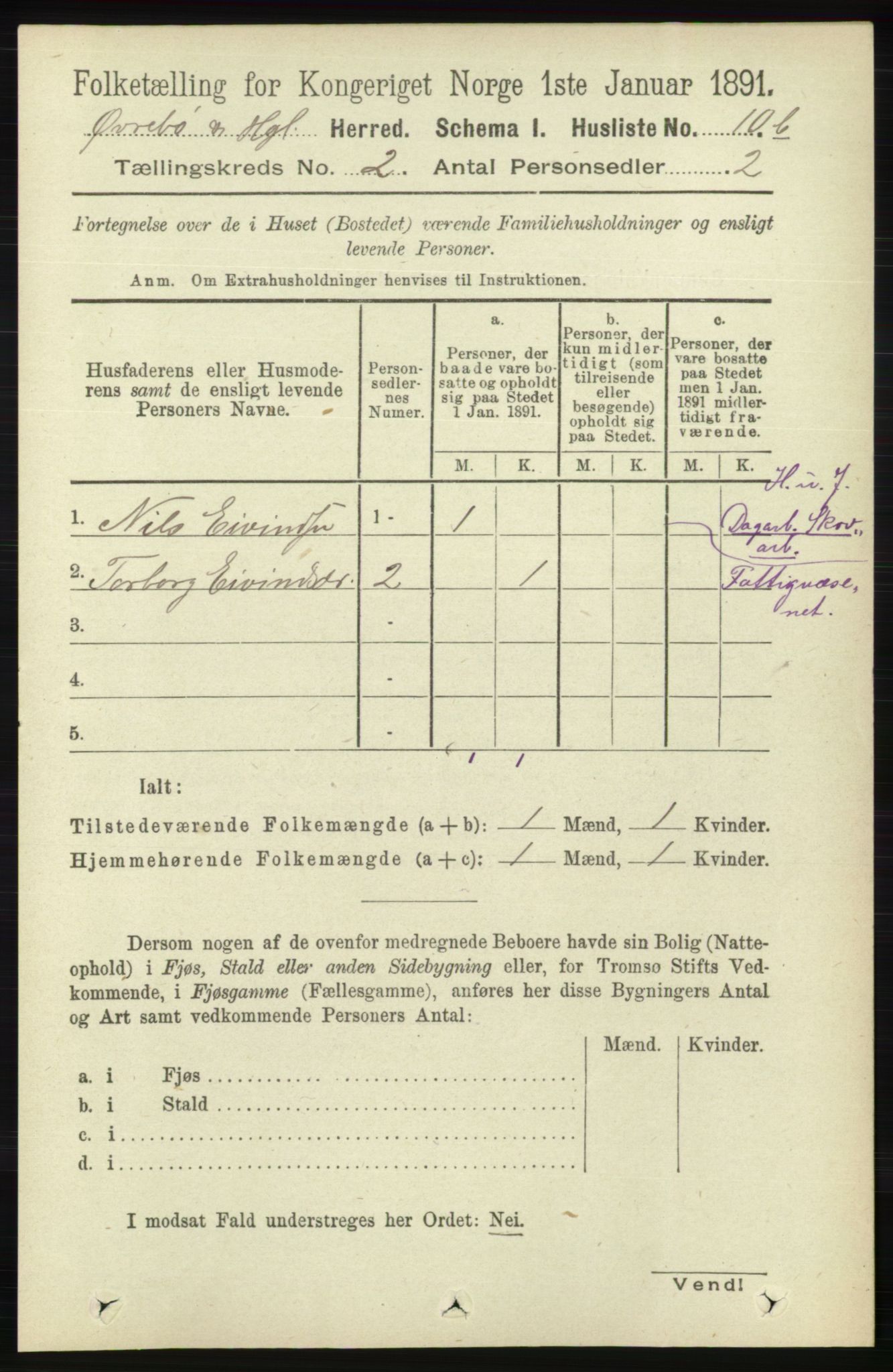 RA, 1891 census for 1016 Øvrebø og Hægeland, 1891, p. 292