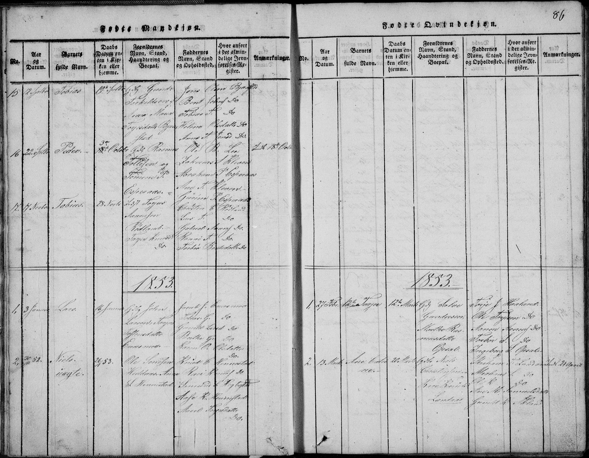 Nord-Audnedal sokneprestkontor, AV/SAK-1111-0032/F/Fb/Fbb/L0001: Parish register (copy) no. B 1, 1816-1858, p. 86