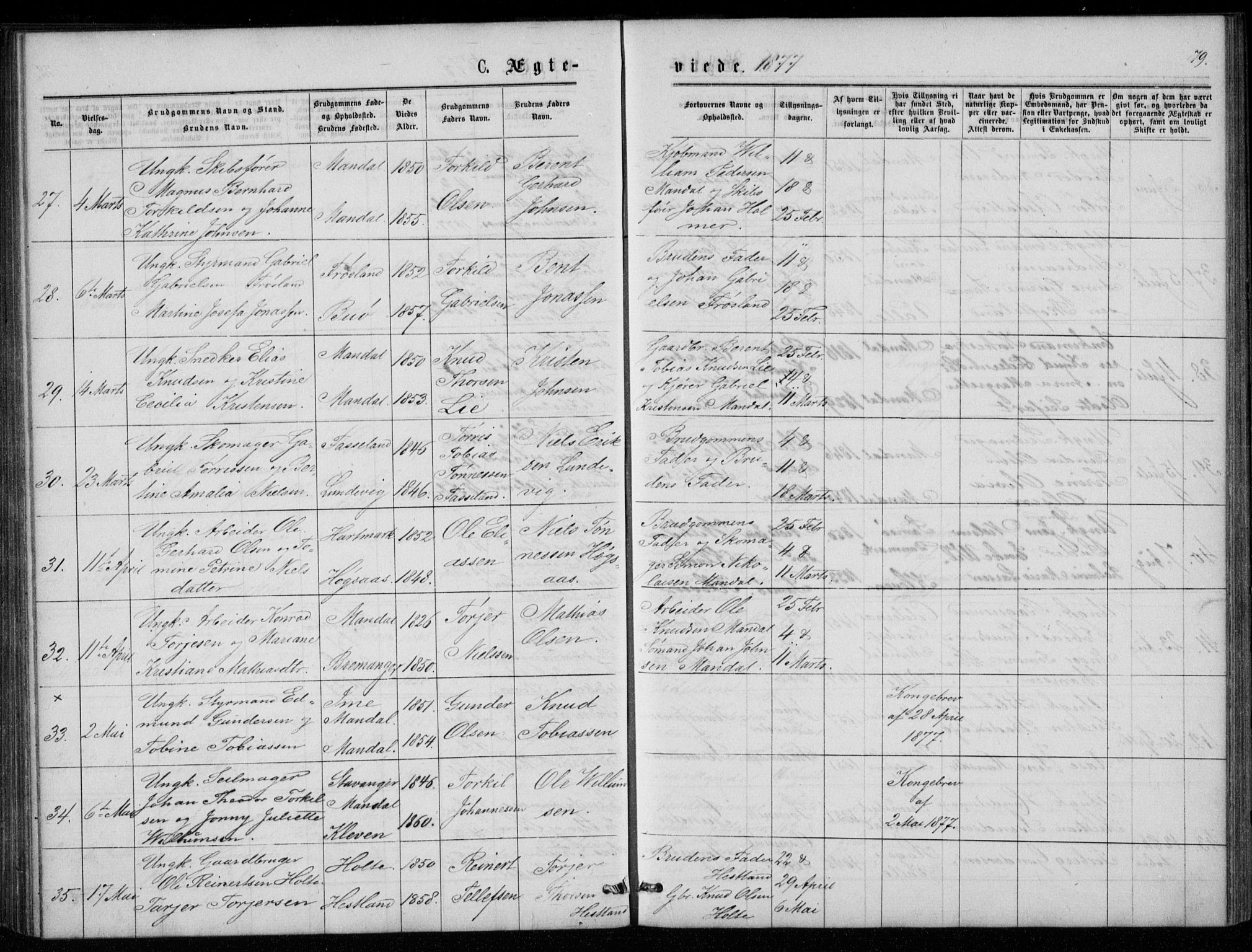 Mandal sokneprestkontor, AV/SAK-1111-0030/F/Fb/Fba/L0010: Parish register (copy) no. B 4, 1876-1880, p. 79