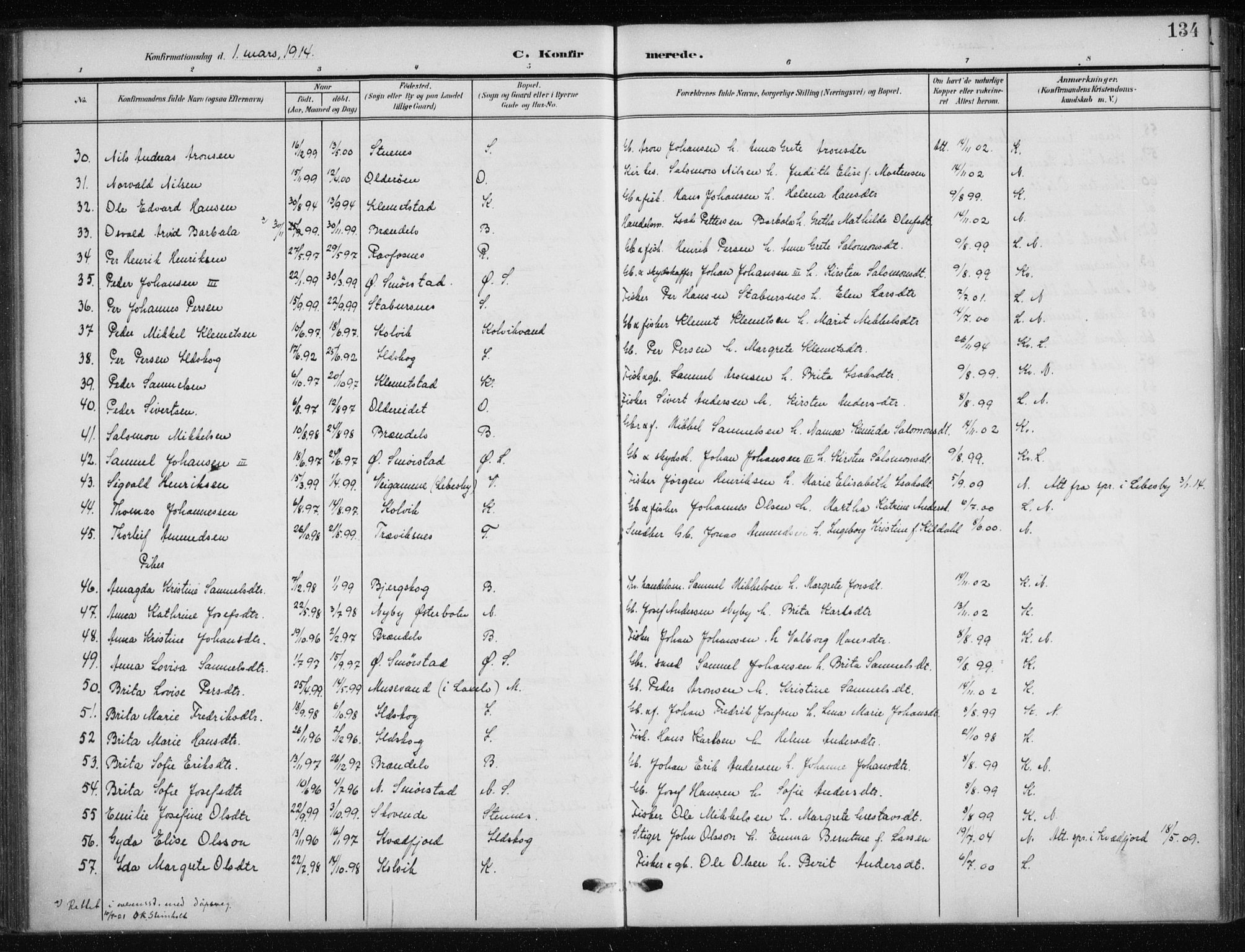 Kistrand/Porsanger sokneprestembete, AV/SATØ-S-1351/H/Ha/L0014.kirke: Parish register (official) no. 14, 1908-1917, p. 134