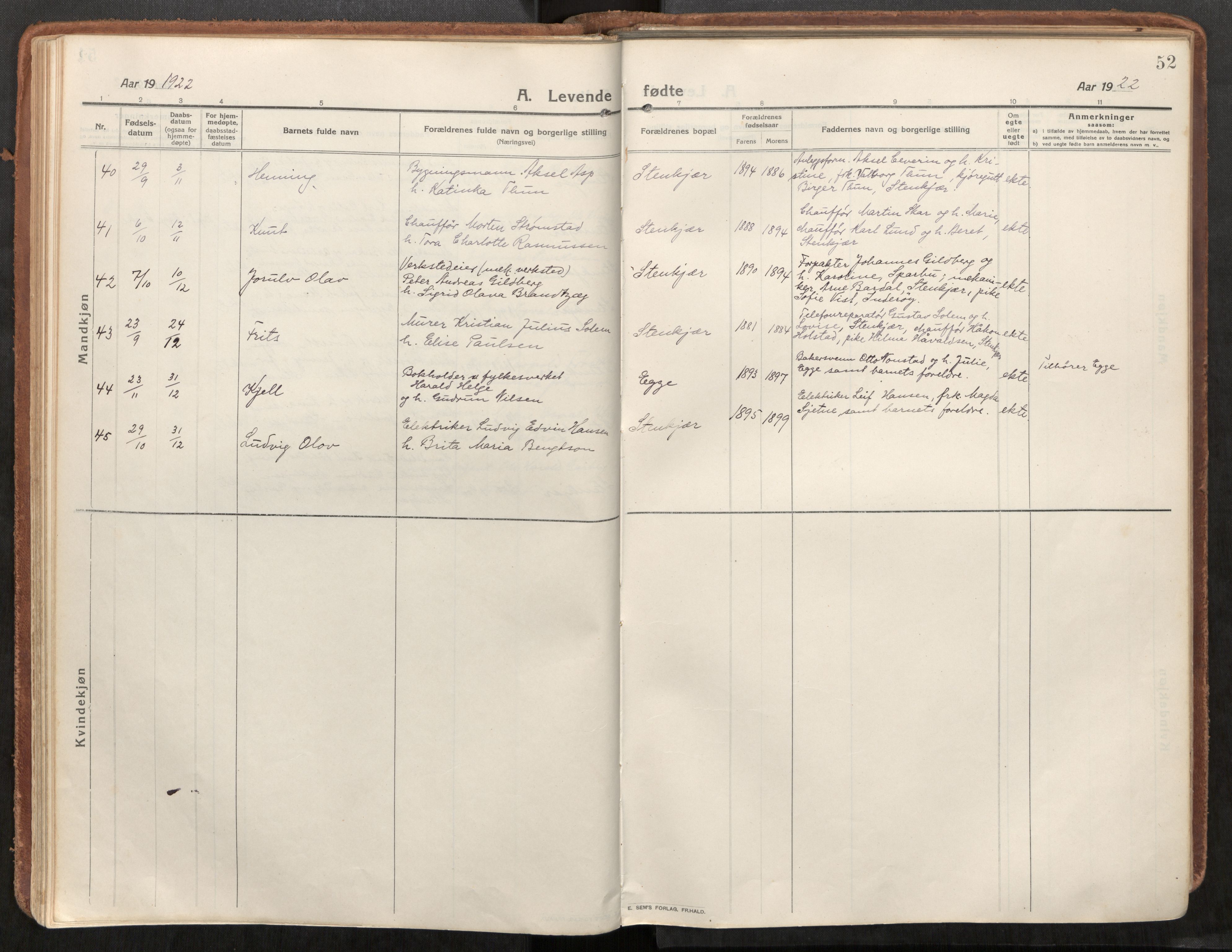 Steinkjer sokneprestkontor, AV/SAT-A-1541/01/H/Ha/Haa/L0003: Parish register (official) no. 3, 1913-1922, p. 52