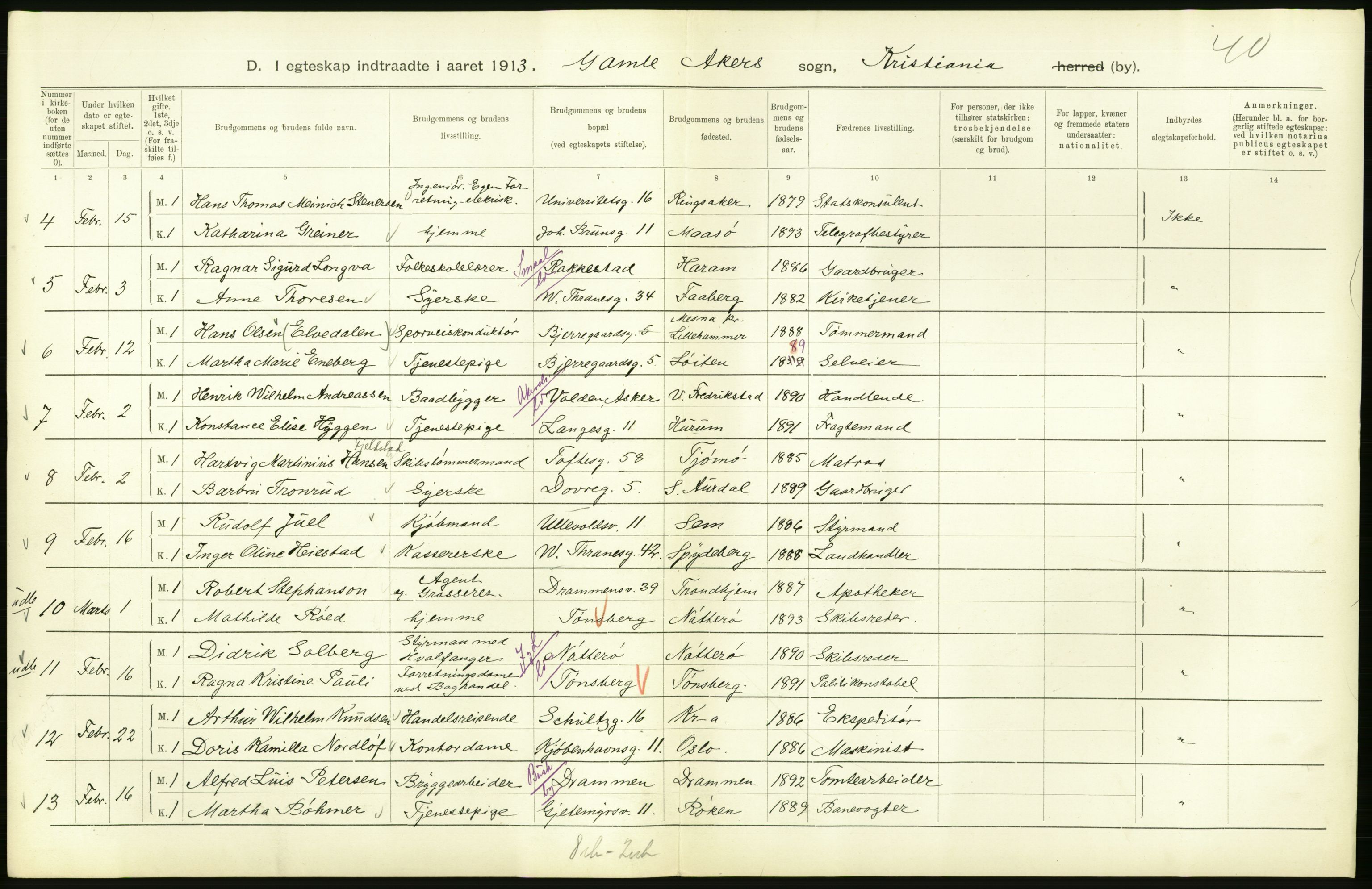 Statistisk sentralbyrå, Sosiodemografiske emner, Befolkning, AV/RA-S-2228/D/Df/Dfb/Dfbc/L0008: Kristiania: Gifte., 1913, p. 498