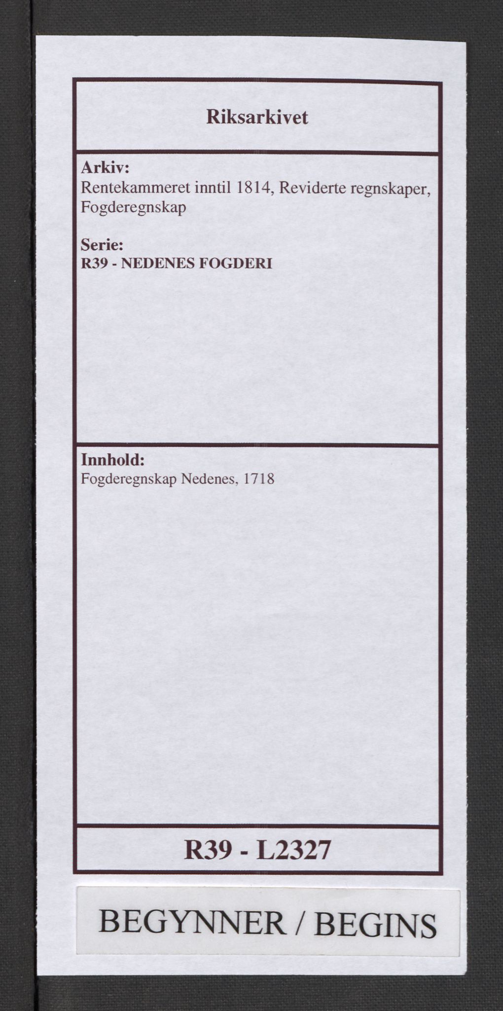 Rentekammeret inntil 1814, Reviderte regnskaper, Fogderegnskap, AV/RA-EA-4092/R39/L2327: Fogderegnskap Nedenes, 1718, p. 1