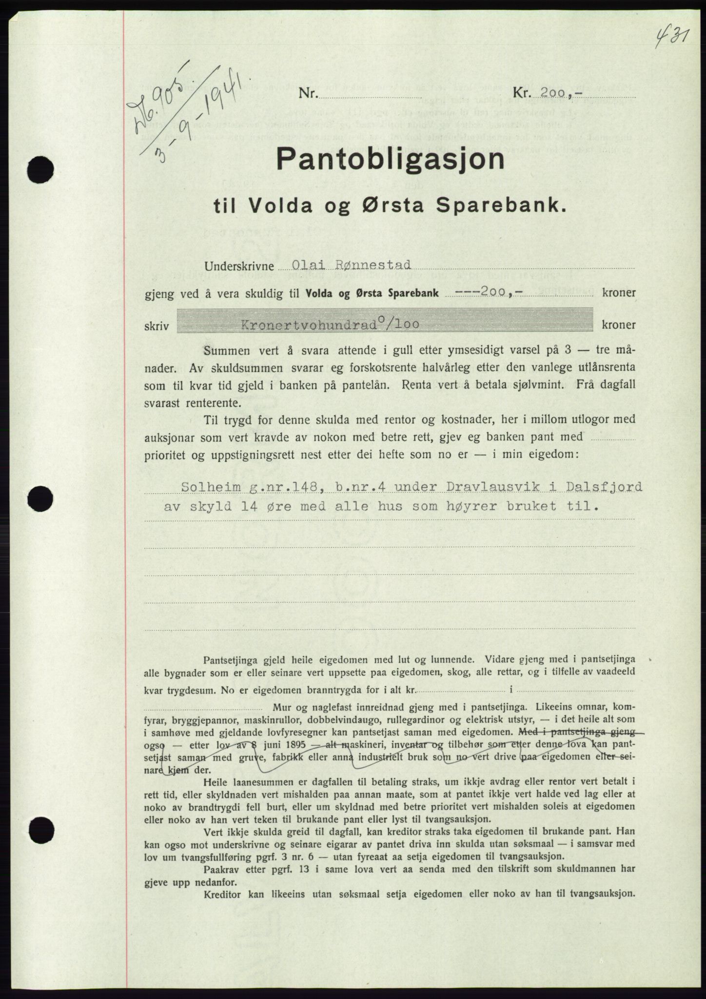 Søre Sunnmøre sorenskriveri, AV/SAT-A-4122/1/2/2C/L0071: Mortgage book no. 65, 1941-1941, Diary no: : 905/1941