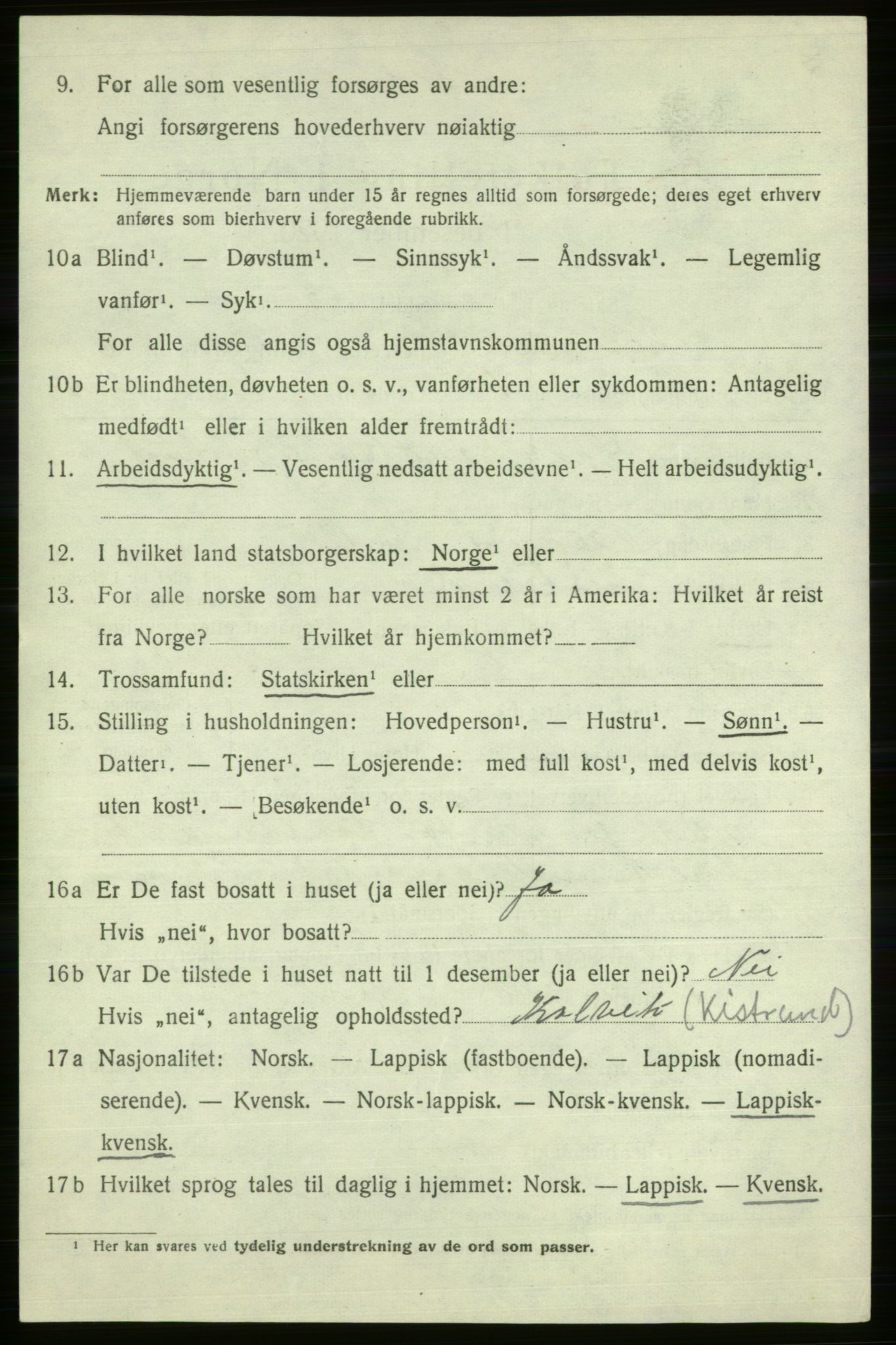 SATØ, 1920 census for Kistrand, 1920, p. 3619