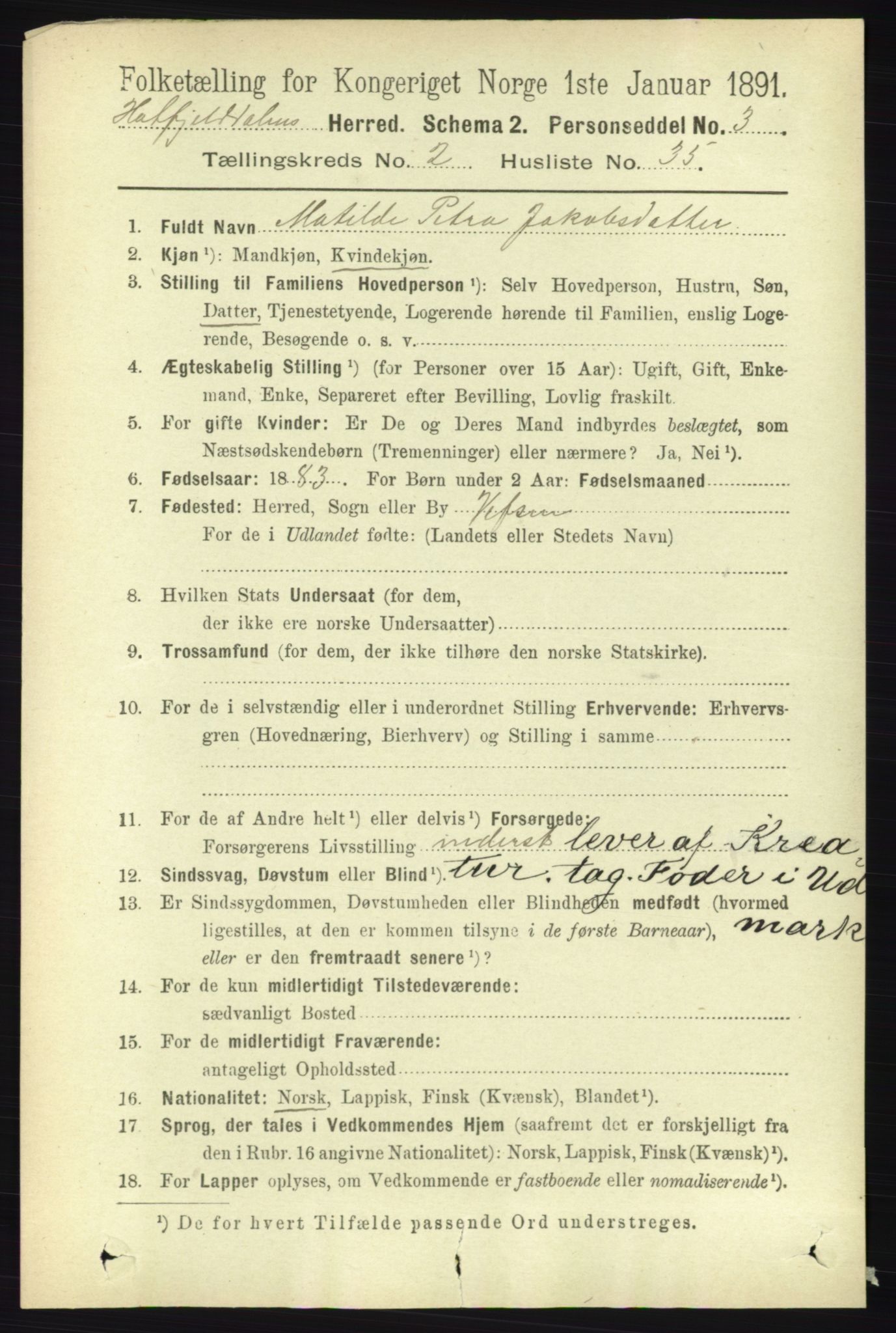 RA, 1891 census for 1826 Hattfjelldal, 1891, p. 593