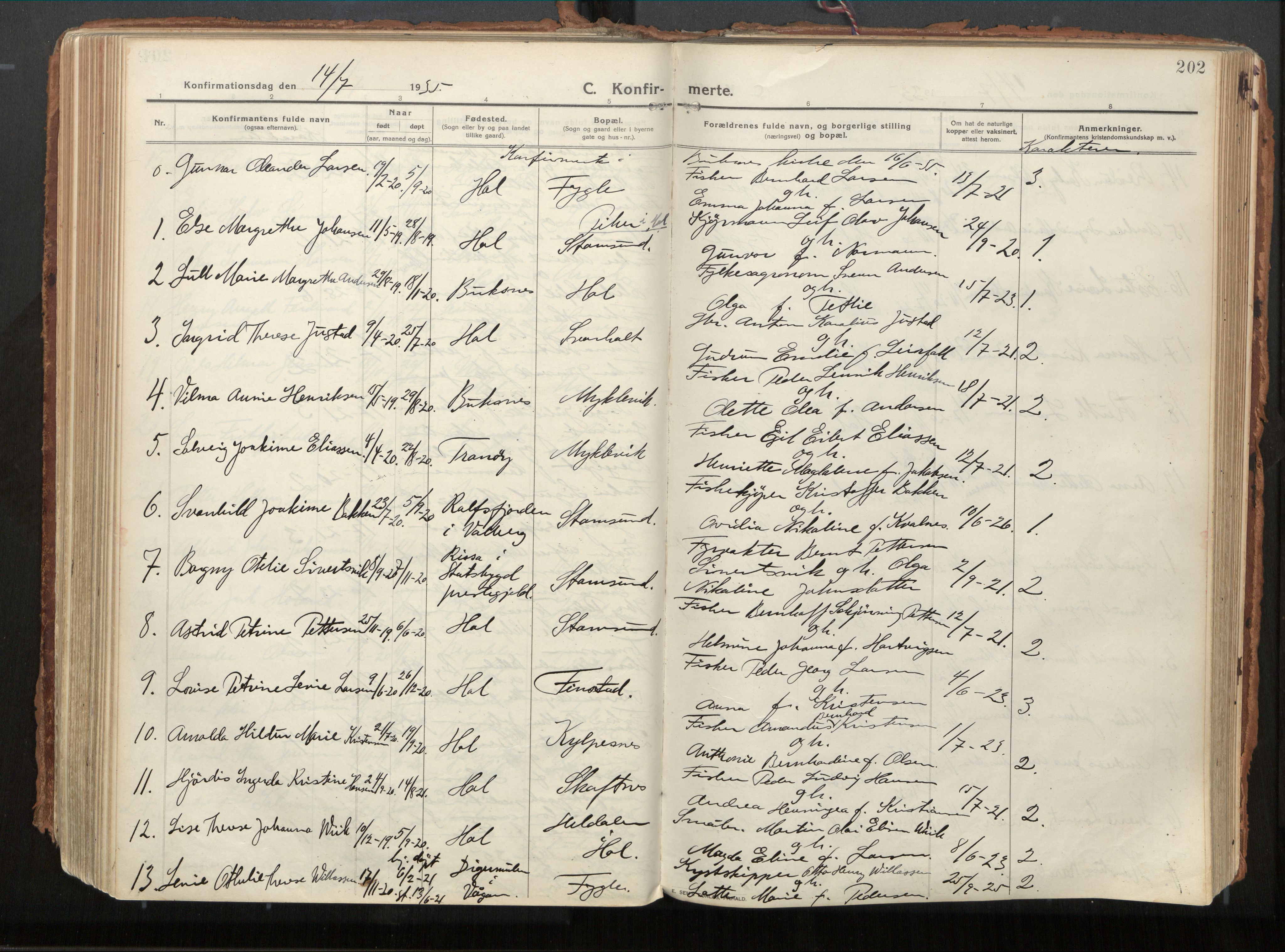 Ministerialprotokoller, klokkerbøker og fødselsregistre - Nordland, AV/SAT-A-1459/882/L1181: Parish register (official) no. 882A03, 1913-1937, p. 202