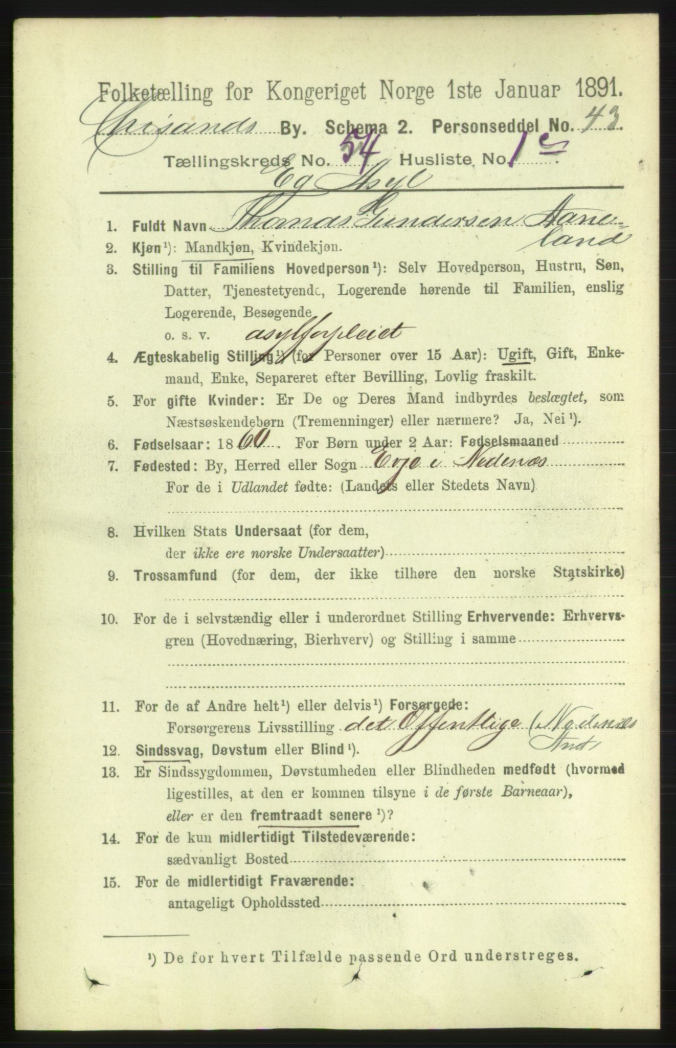 RA, 1891 census for 1001 Kristiansand, 1891, p. 15458