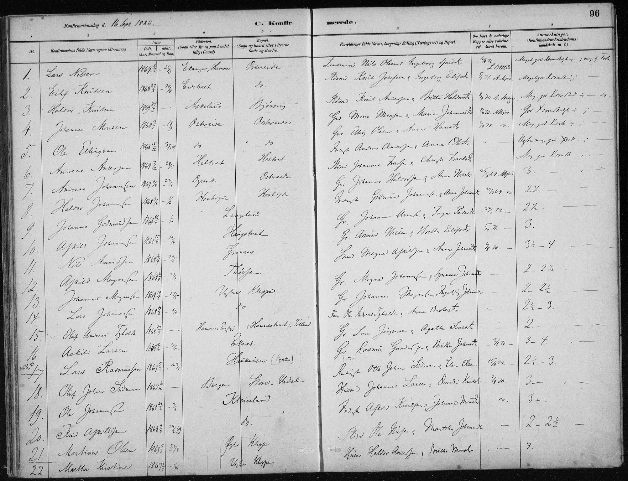 Hosanger sokneprestembete, AV/SAB-A-75801/H/Haa: Parish register (official) no. B  1, 1880-1896, p. 96