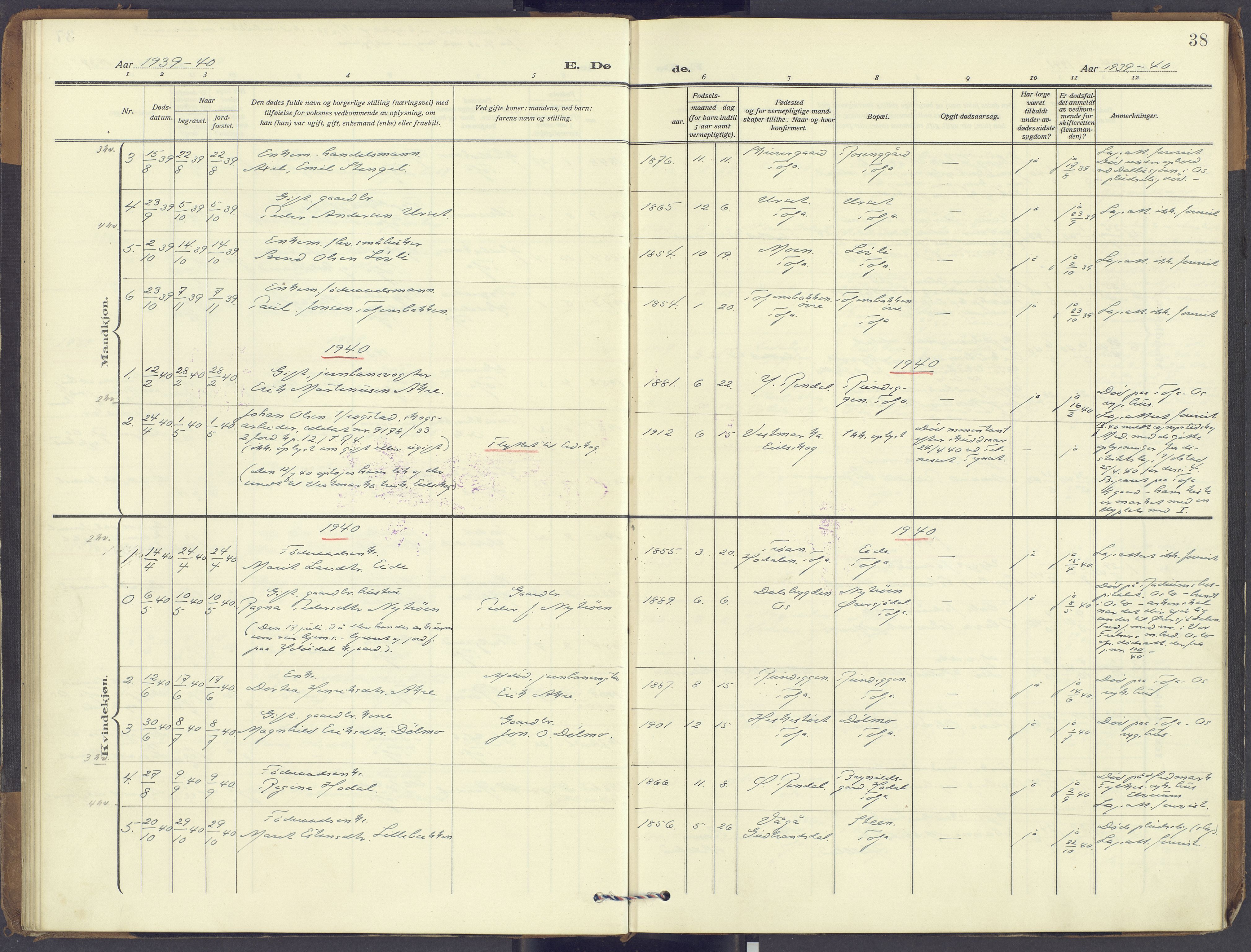 Tolga prestekontor, SAH/PREST-062/K/L0018: Parish register (official) no. 18, 1911-1989, p. 38