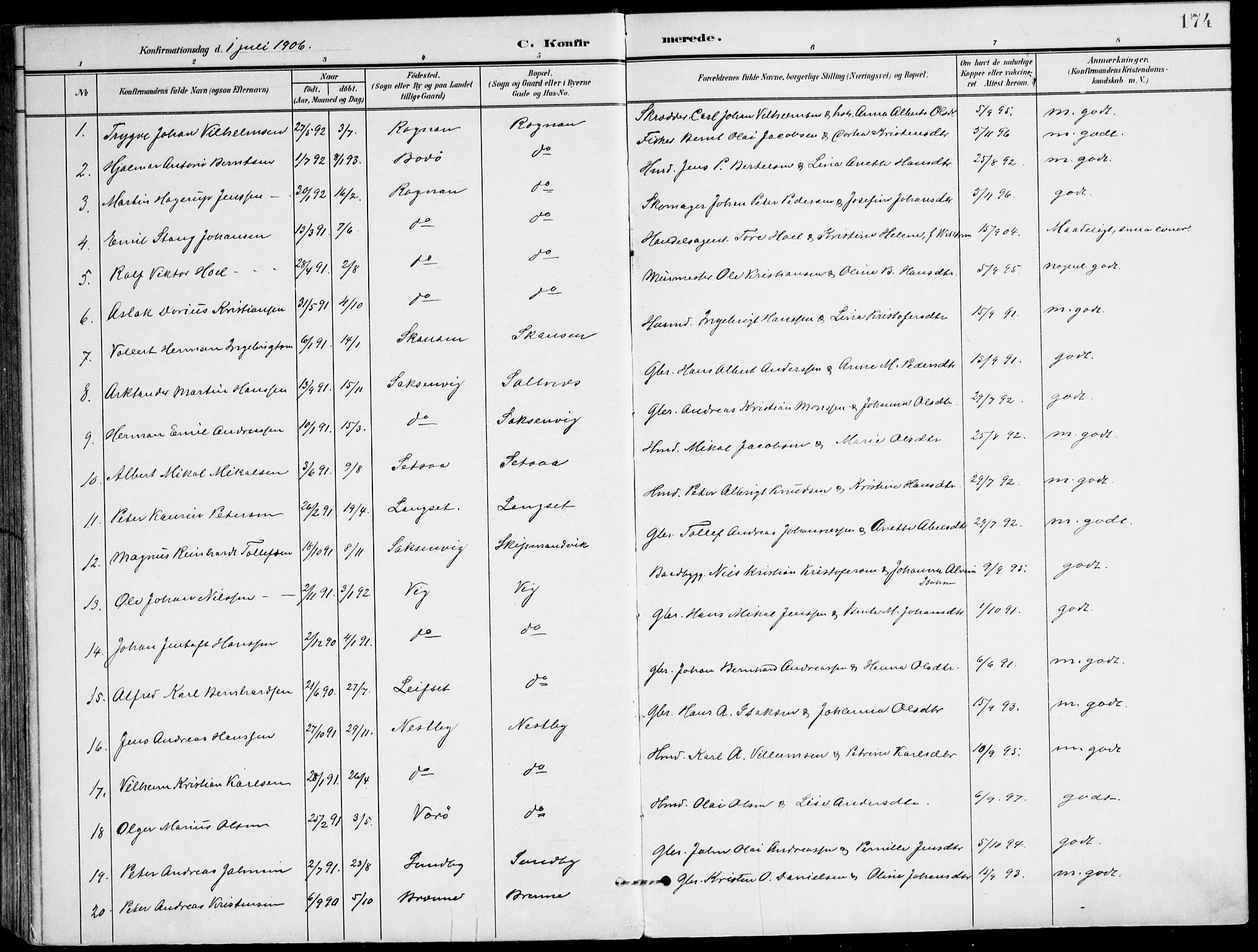 Ministerialprotokoller, klokkerbøker og fødselsregistre - Nordland, SAT/A-1459/847/L0672: Parish register (official) no. 847A12, 1902-1919, p. 174