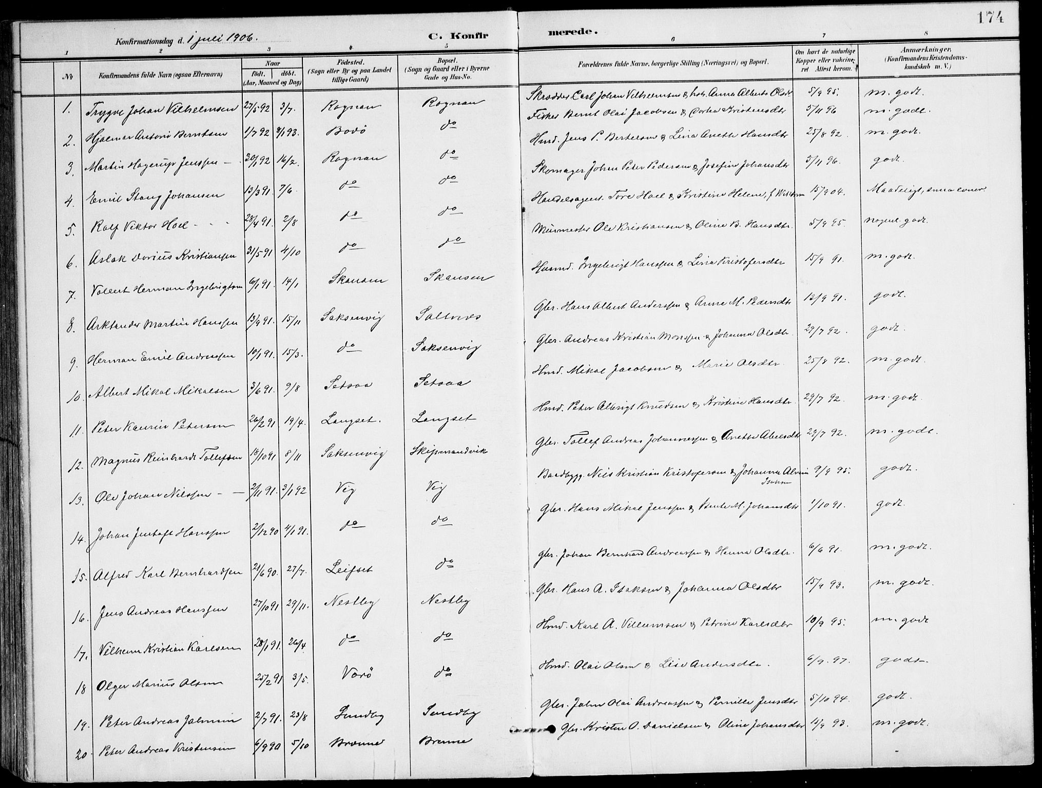 Ministerialprotokoller, klokkerbøker og fødselsregistre - Nordland, AV/SAT-A-1459/847/L0672: Parish register (official) no. 847A12, 1902-1919, p. 174