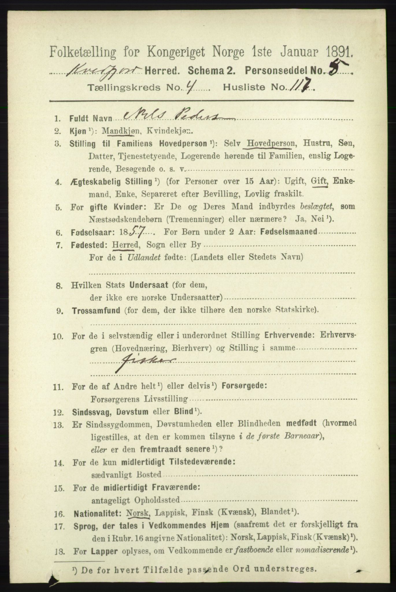 RA, 1891 census for 1911 Kvæfjord, 1891, p. 2643