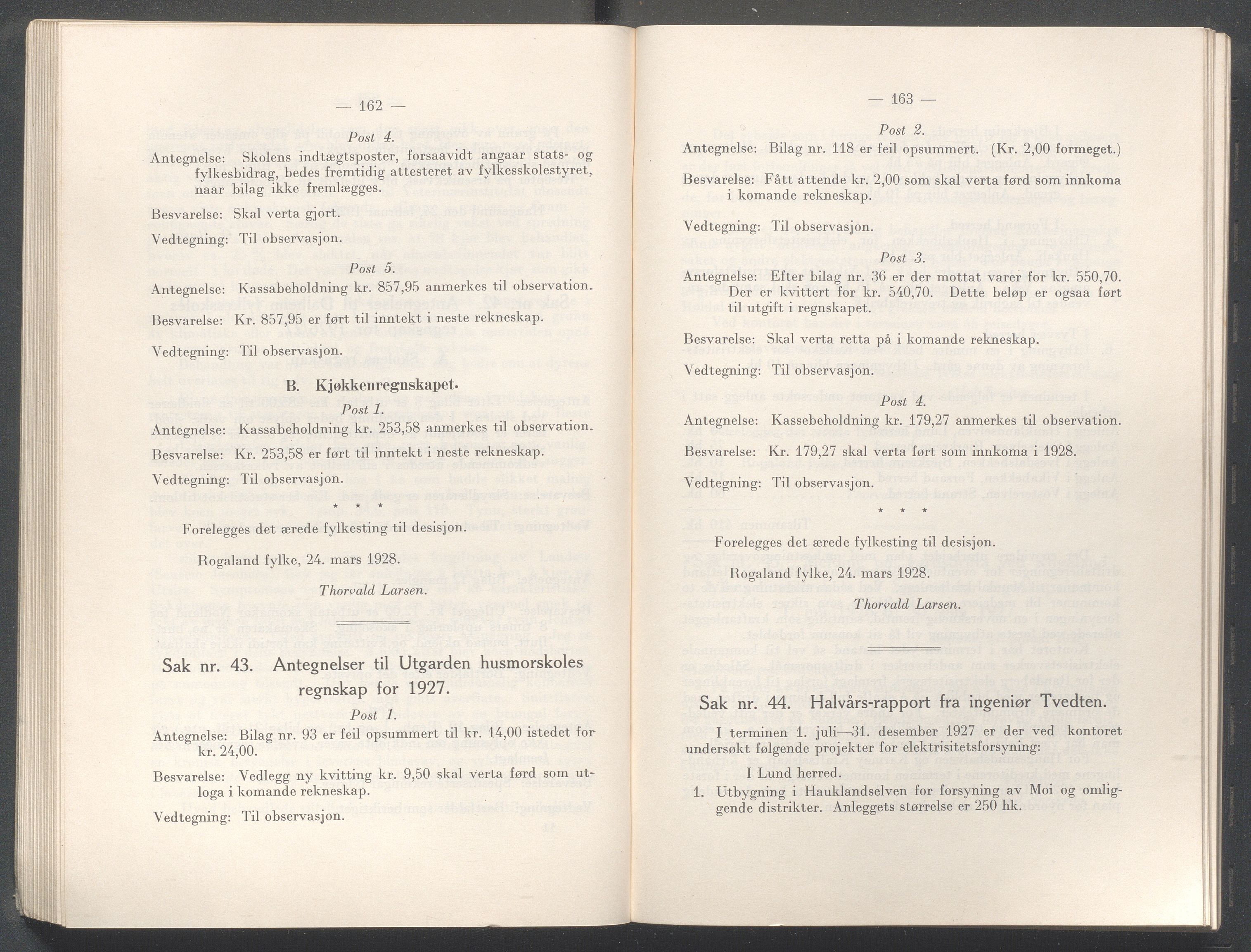 Rogaland fylkeskommune - Fylkesrådmannen , IKAR/A-900/A/Aa/Aaa/L0047: Møtebok , 1928, p. 162-163