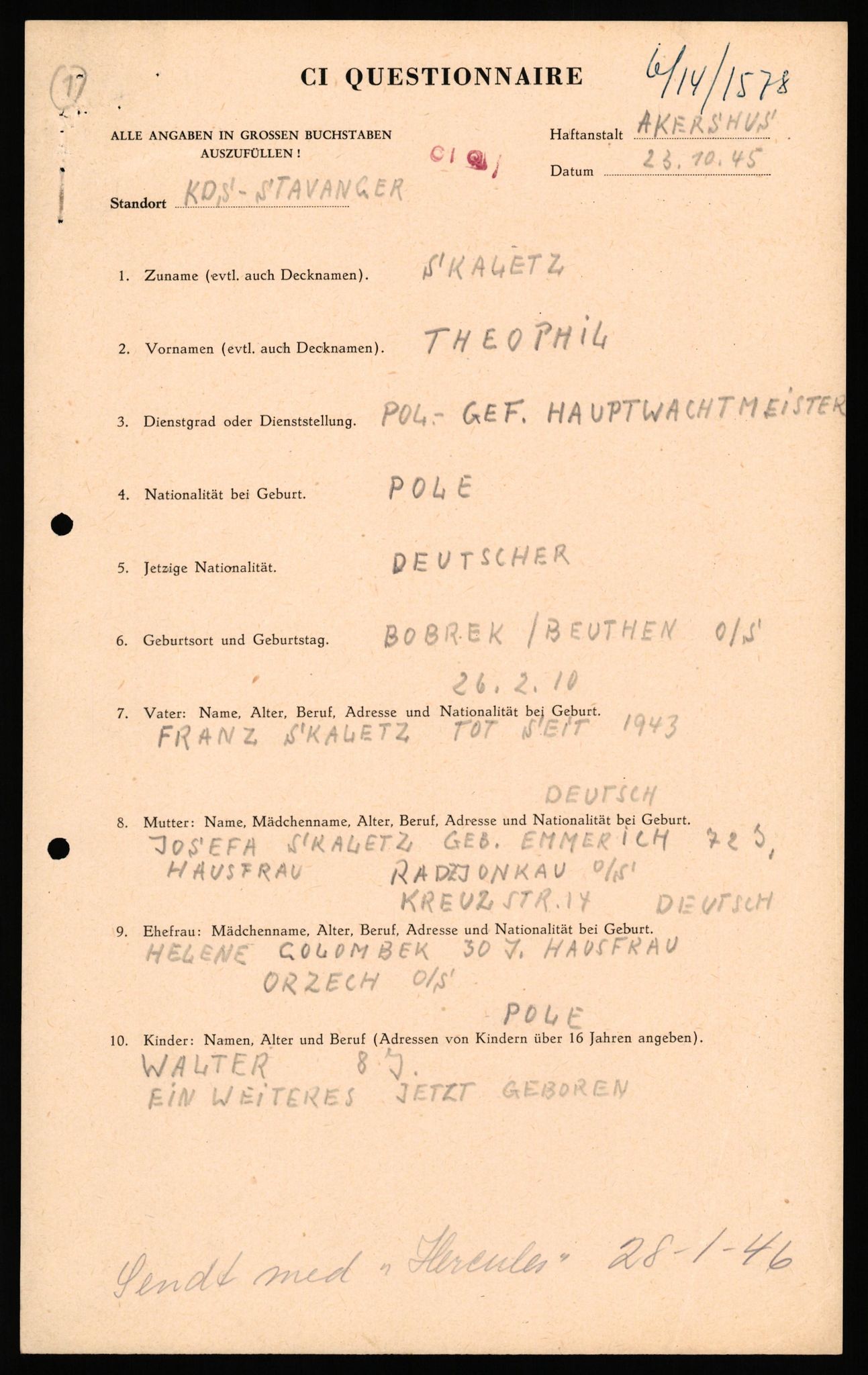 Forsvaret, Forsvarets overkommando II, AV/RA-RAFA-3915/D/Db/L0032: CI Questionaires. Tyske okkupasjonsstyrker i Norge. Tyskere., 1945-1946, p. 132