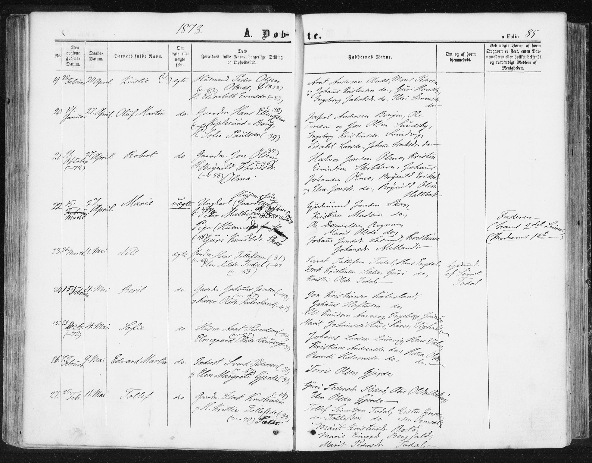 Ministerialprotokoller, klokkerbøker og fødselsregistre - Møre og Romsdal, AV/SAT-A-1454/578/L0905: Parish register (official) no. 578A04, 1859-1877, p. 85