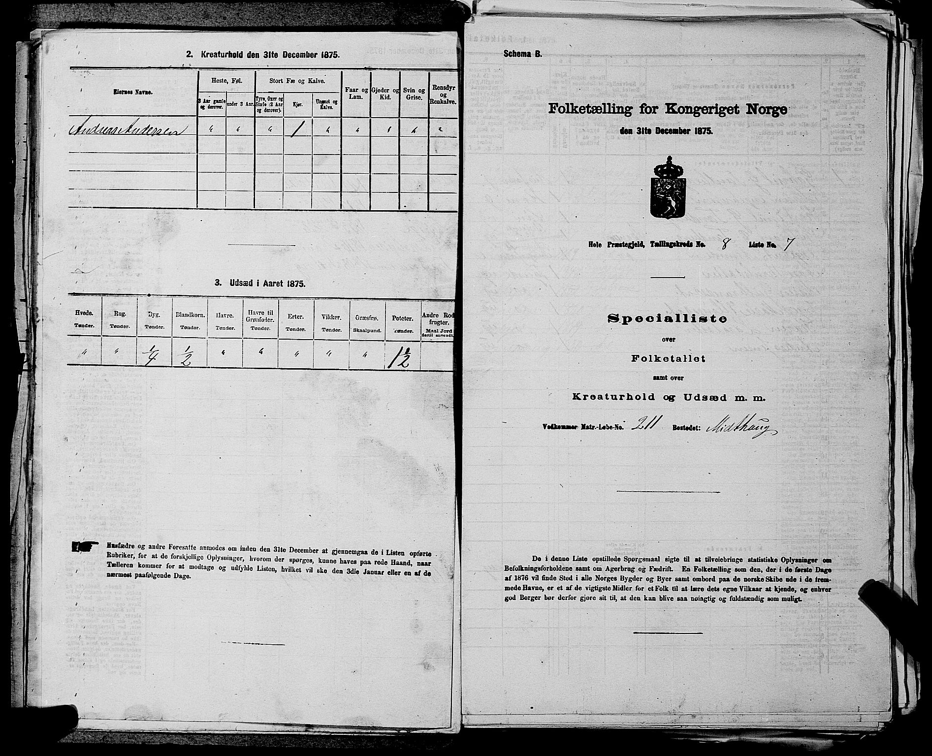 SAKO, 1875 census for 0612P Hole, 1875, p. 1390