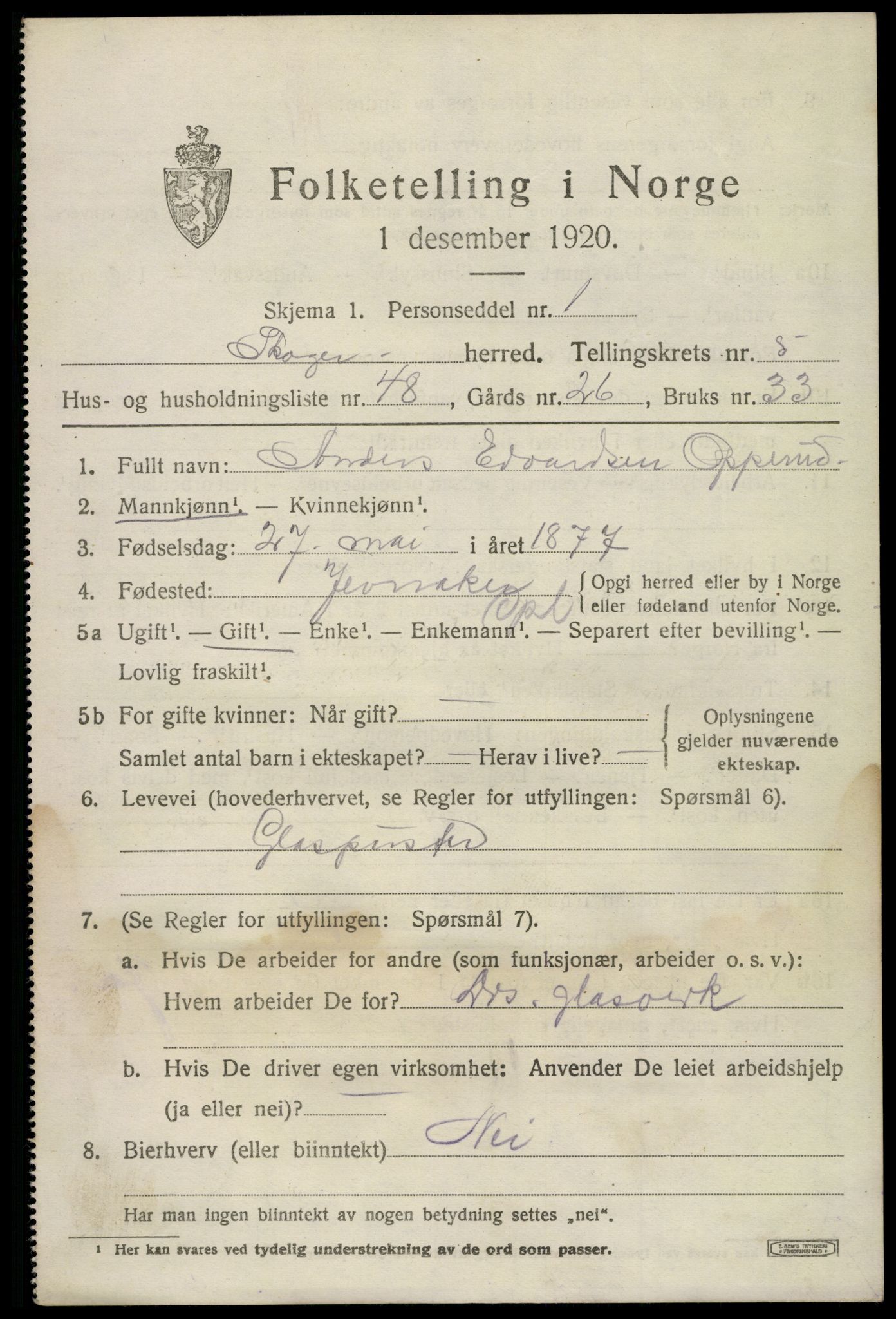 SAKO, 1920 census for Skoger, 1920, p. 11459