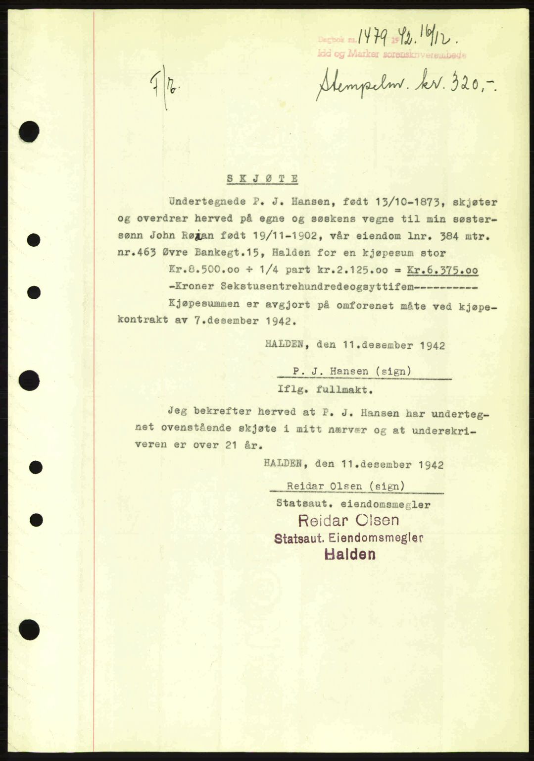 Idd og Marker sorenskriveri, AV/SAO-A-10283/G/Gb/Gbb/L0005: Mortgage book no. A5, 1941-1943, Diary no: : 1479/1942