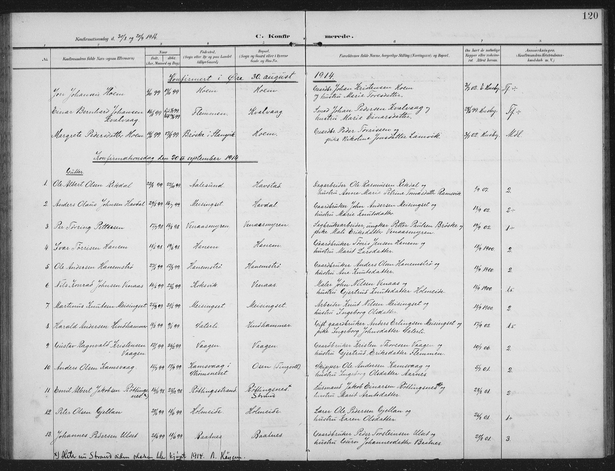 Ministerialprotokoller, klokkerbøker og fødselsregistre - Møre og Romsdal, AV/SAT-A-1454/586/L0989: Parish register (official) no. 586A15, 1906-1915, p. 120