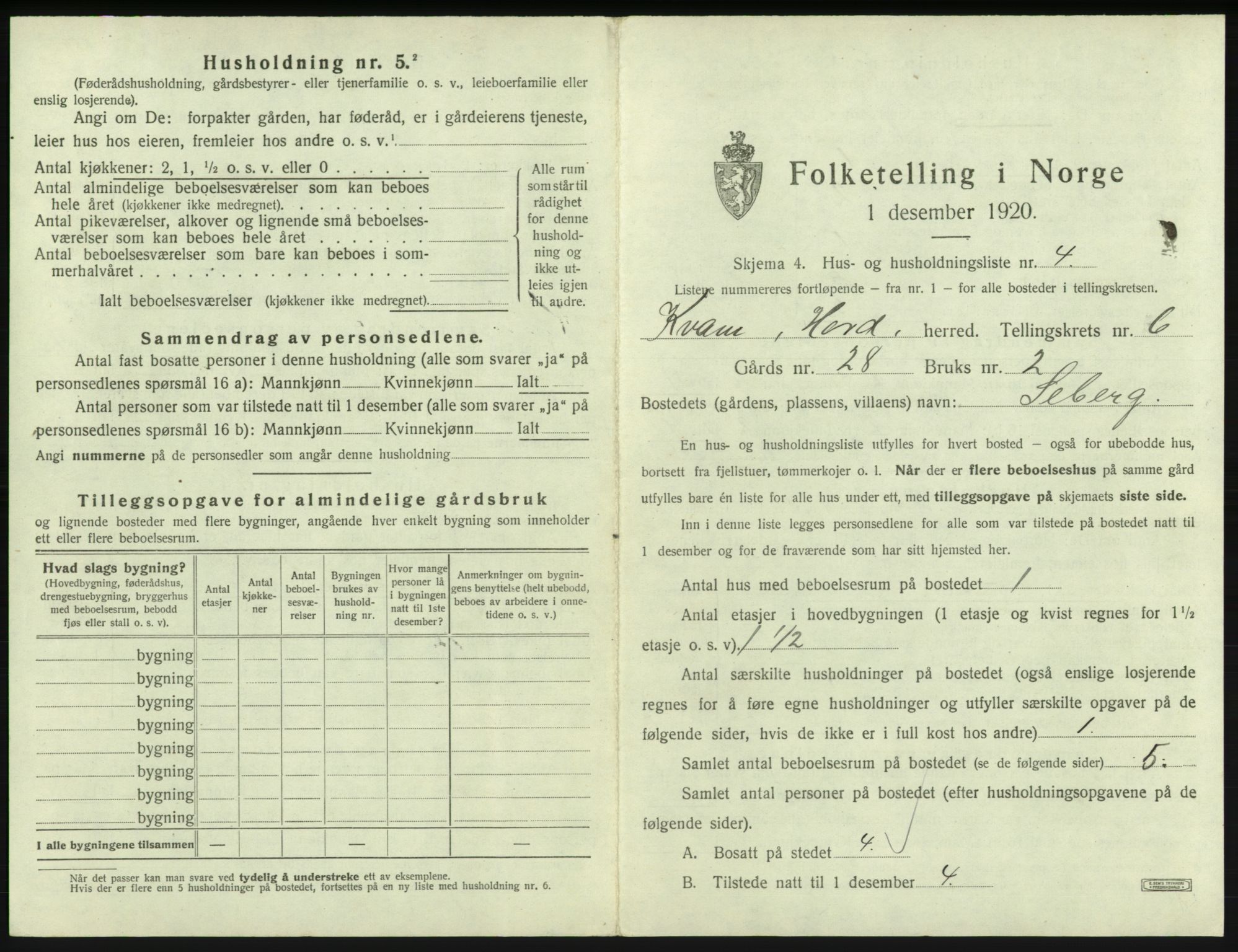 SAB, 1920 census for Kvam, 1920, p. 499