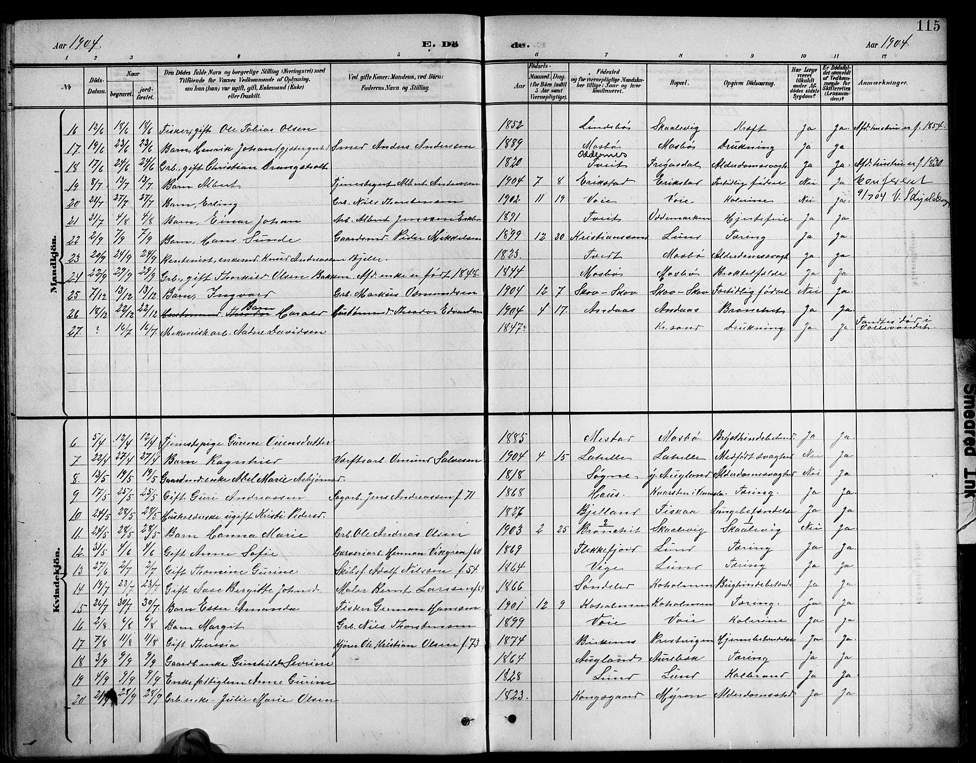 Oddernes sokneprestkontor, AV/SAK-1111-0033/F/Fb/Fba/L0009: Parish register (copy) no. B 9, 1899-1923, p. 115