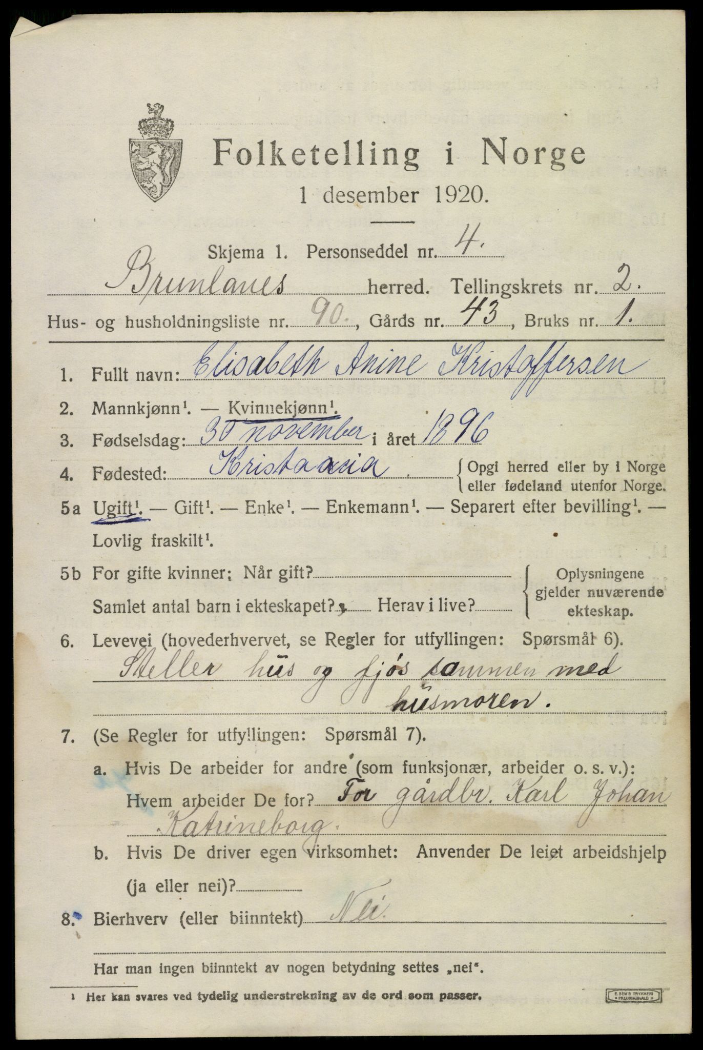 SAKO, 1920 census for Brunlanes, 1920, p. 4511