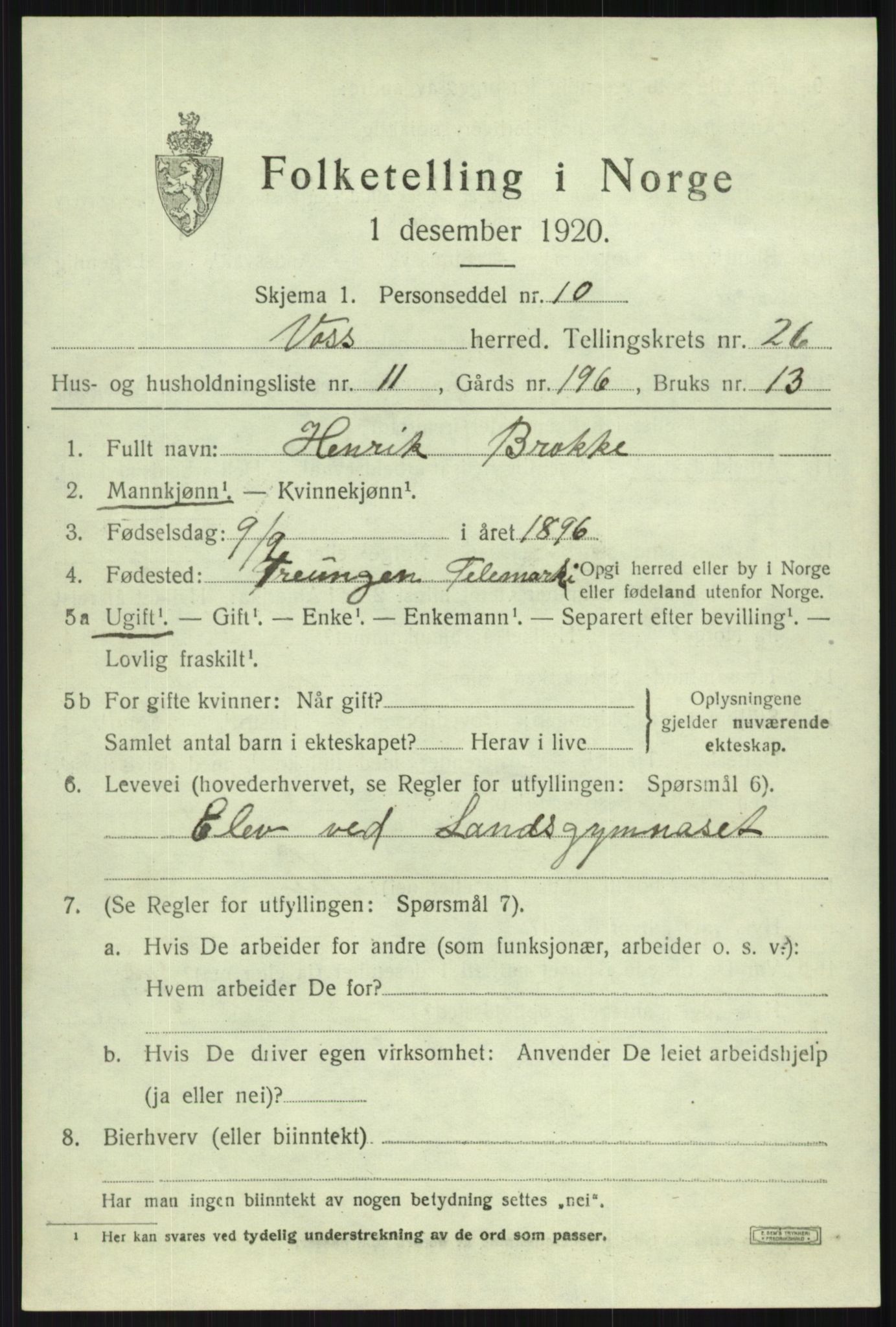 SAB, 1920 census for Voss, 1920, p. 18087