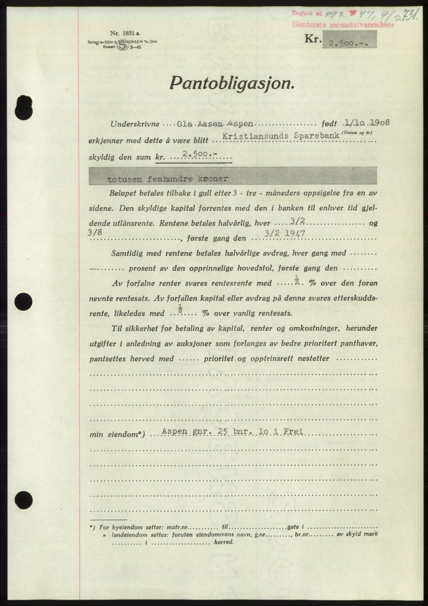 Nordmøre sorenskriveri, AV/SAT-A-4132/1/2/2Ca: Mortgage book no. B95, 1946-1947, Diary no: : 292/1947