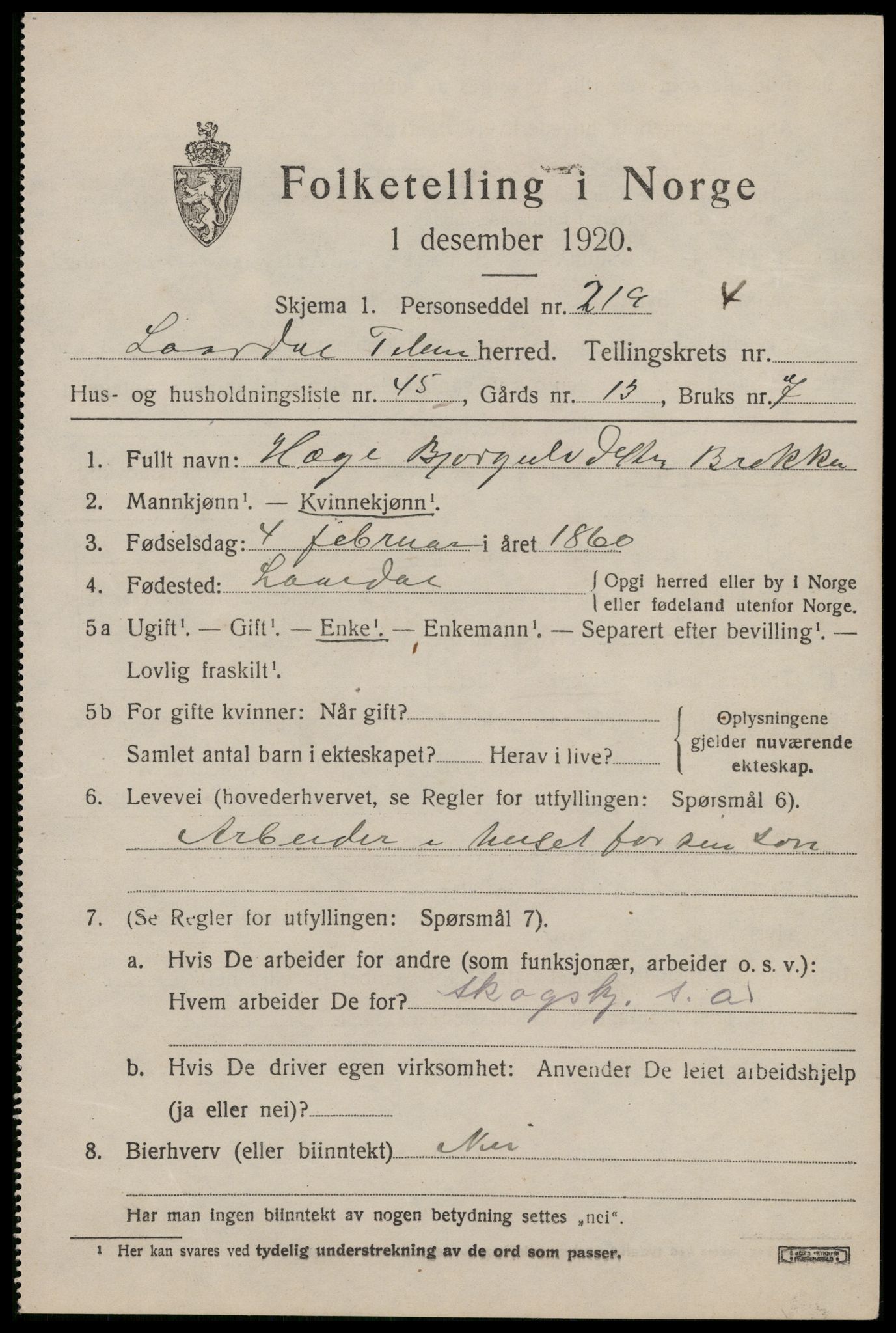 SAKO, 1920 census for Lårdal, 1920, p. 1639