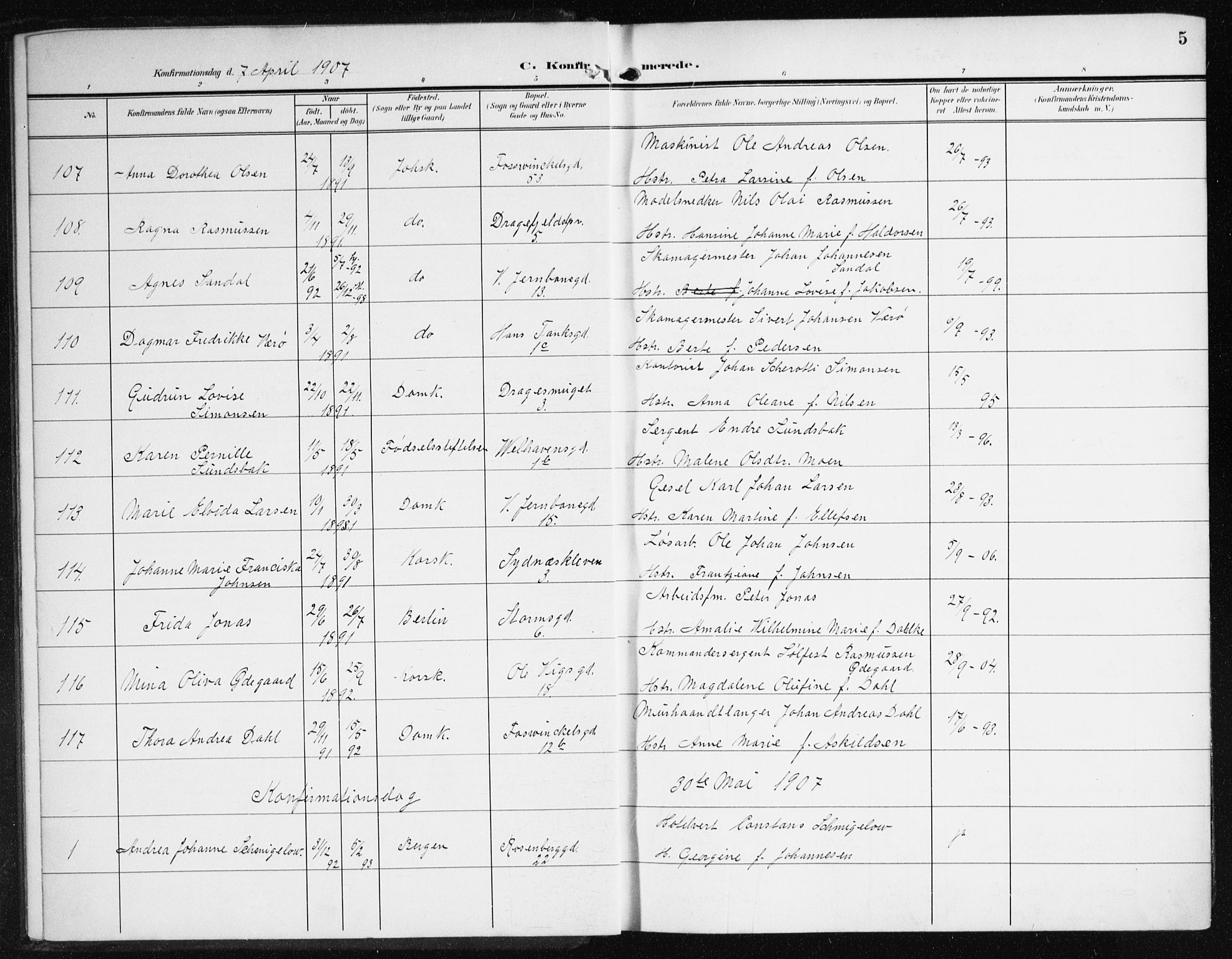 Johanneskirken sokneprestembete, SAB/A-76001/H/Haa/L0009: Parish register (official) no. C 2, 1907-1924, p. 5