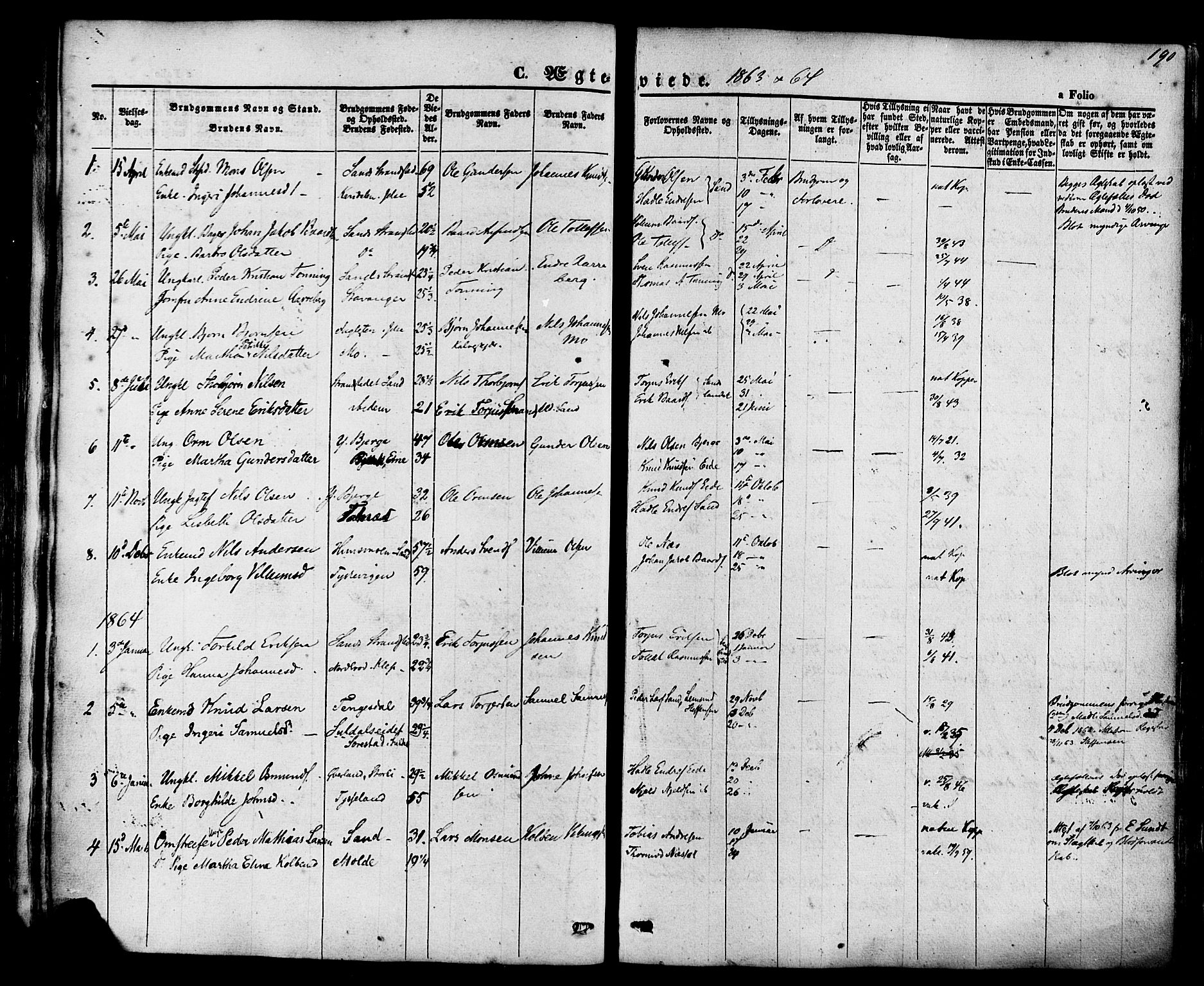 Sand sokneprestkontor, AV/SAST-A-101848/01/III/L0003: Parish register (official) no. A 3, 1854-1879, p. 190