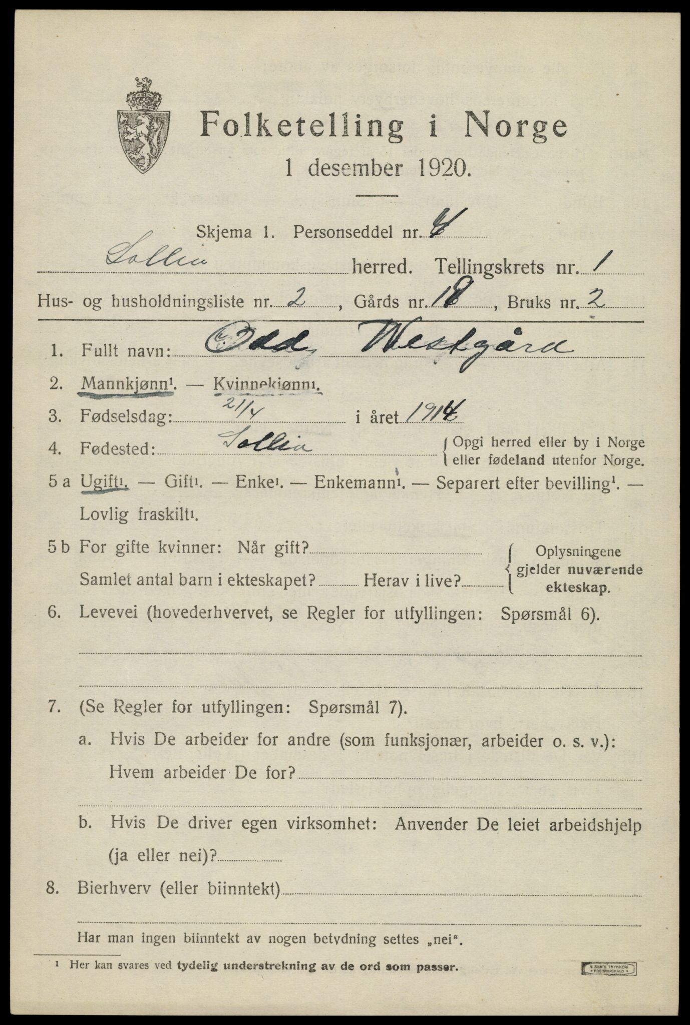 SAH, 1920 census for Sollia, 1920, p. 301