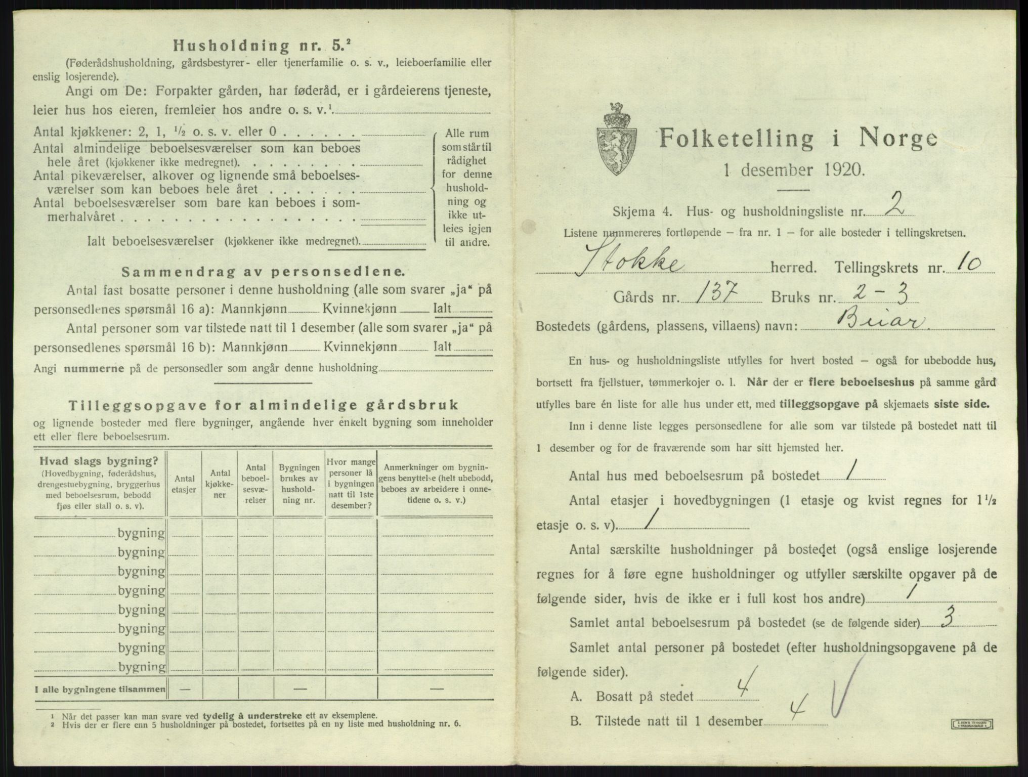 SAKO, 1920 census for Stokke, 1920, p. 1822