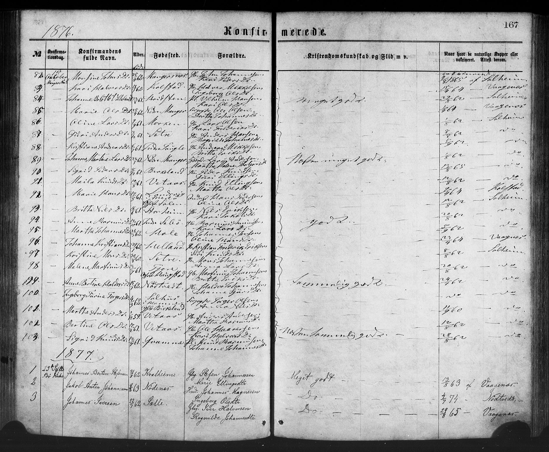 Manger sokneprestembete, SAB/A-76801/H/Haa: Parish register (official) no. A 8, 1871-1880, p. 167