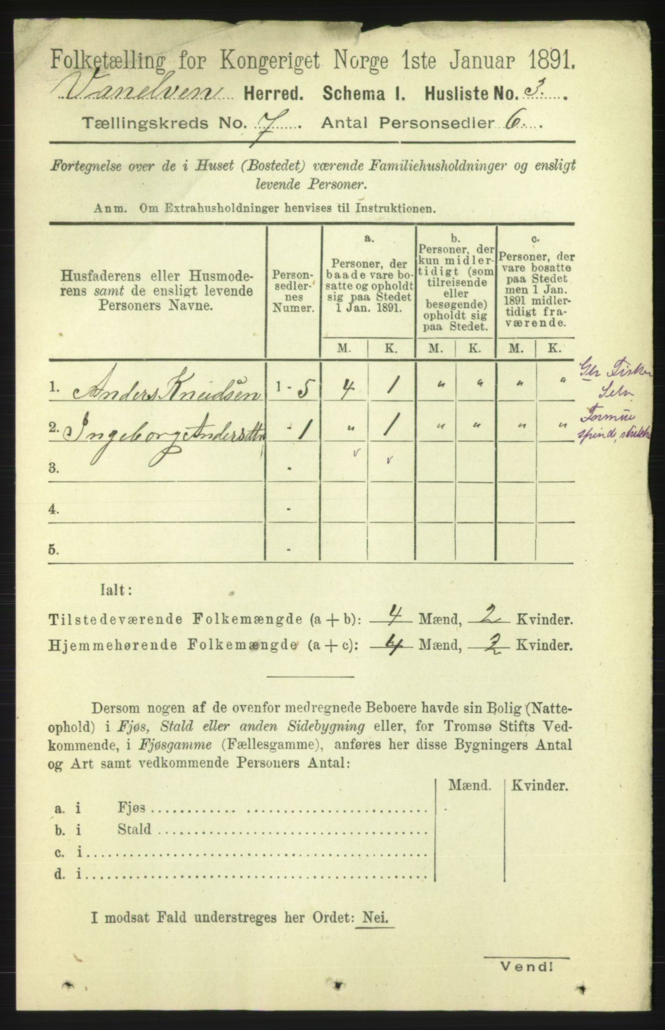 RA, 1891 census for 1511 Vanylven, 1891, p. 3097