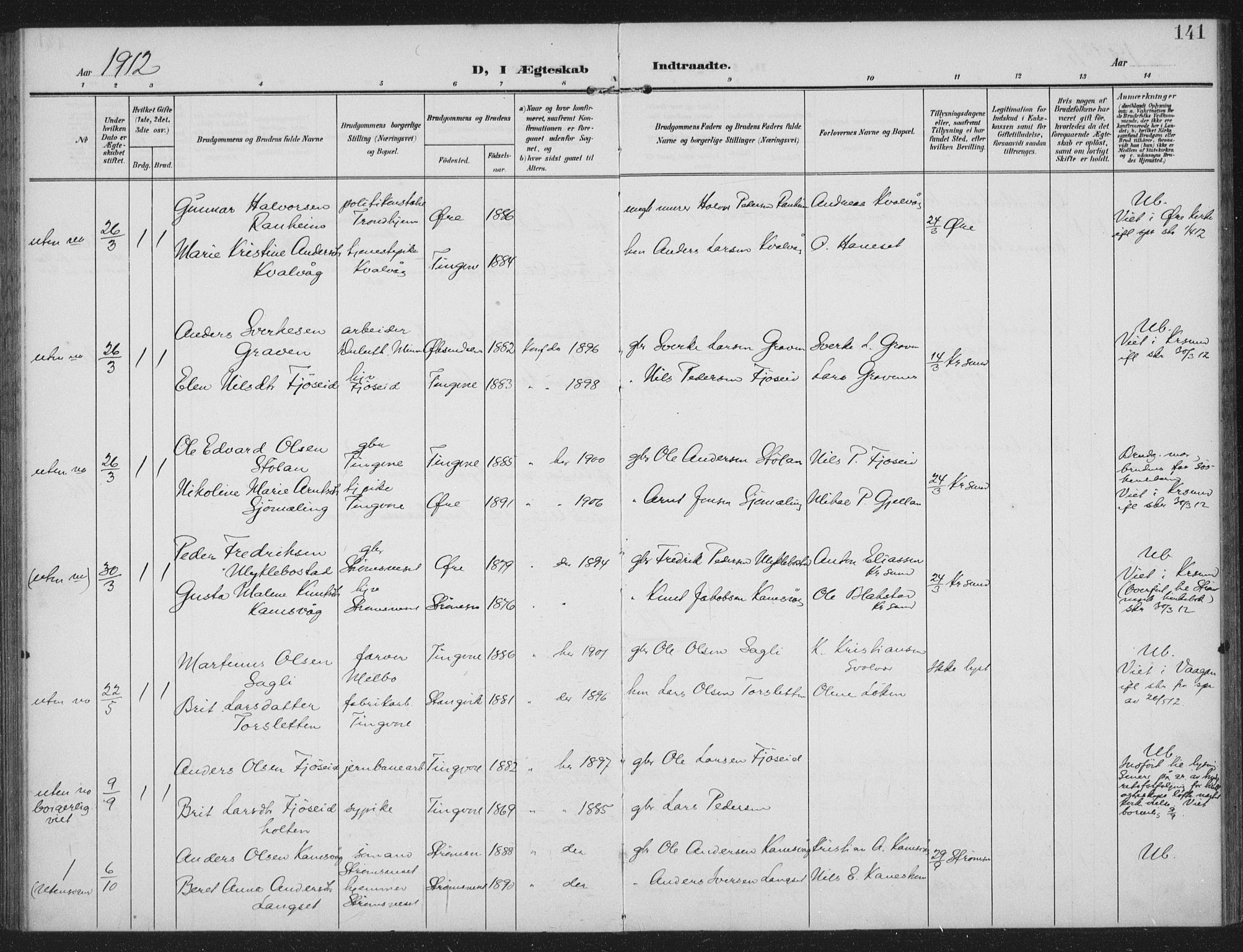 Ministerialprotokoller, klokkerbøker og fødselsregistre - Møre og Romsdal, AV/SAT-A-1454/586/L0989: Parish register (official) no. 586A15, 1906-1915, p. 141