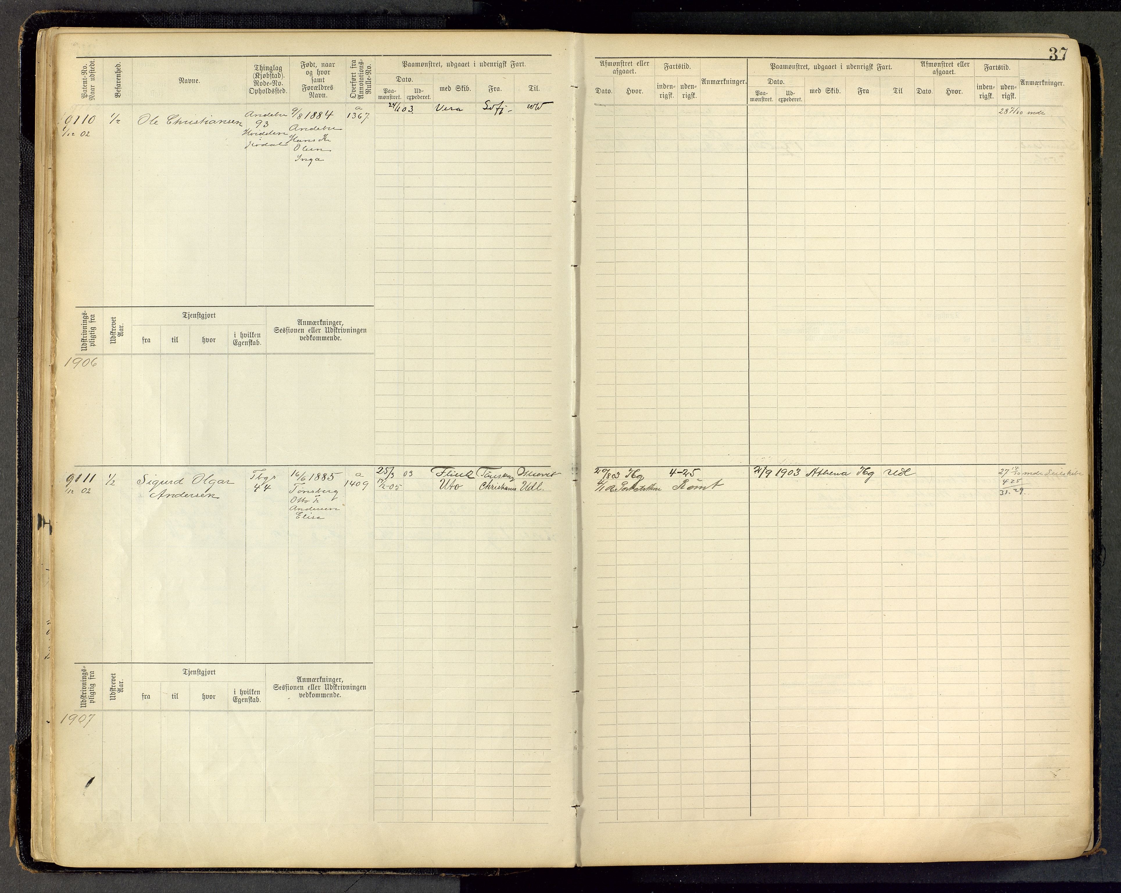 Tønsberg innrulleringskontor, AV/SAKO-A-786/F/Fc/Fca/L0011: Hovedrulle Patent nr. 9038-9992, 1900-1912, p. 37