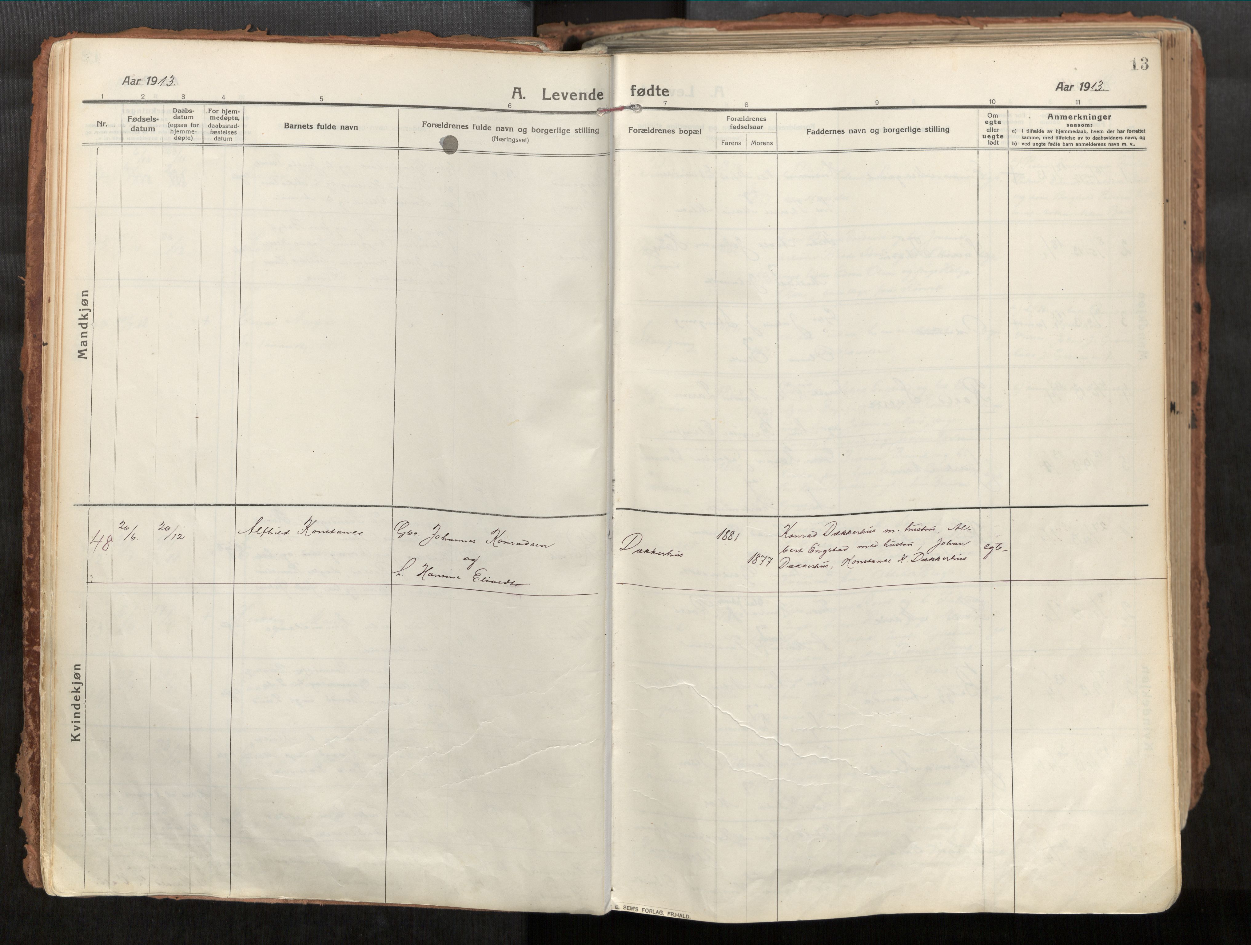 Vikna sokneprestkontor, SAT/A-1173/1/I/I1/I1a/L0001: Parish register (official) no. 1, 1913-1934, p. 13