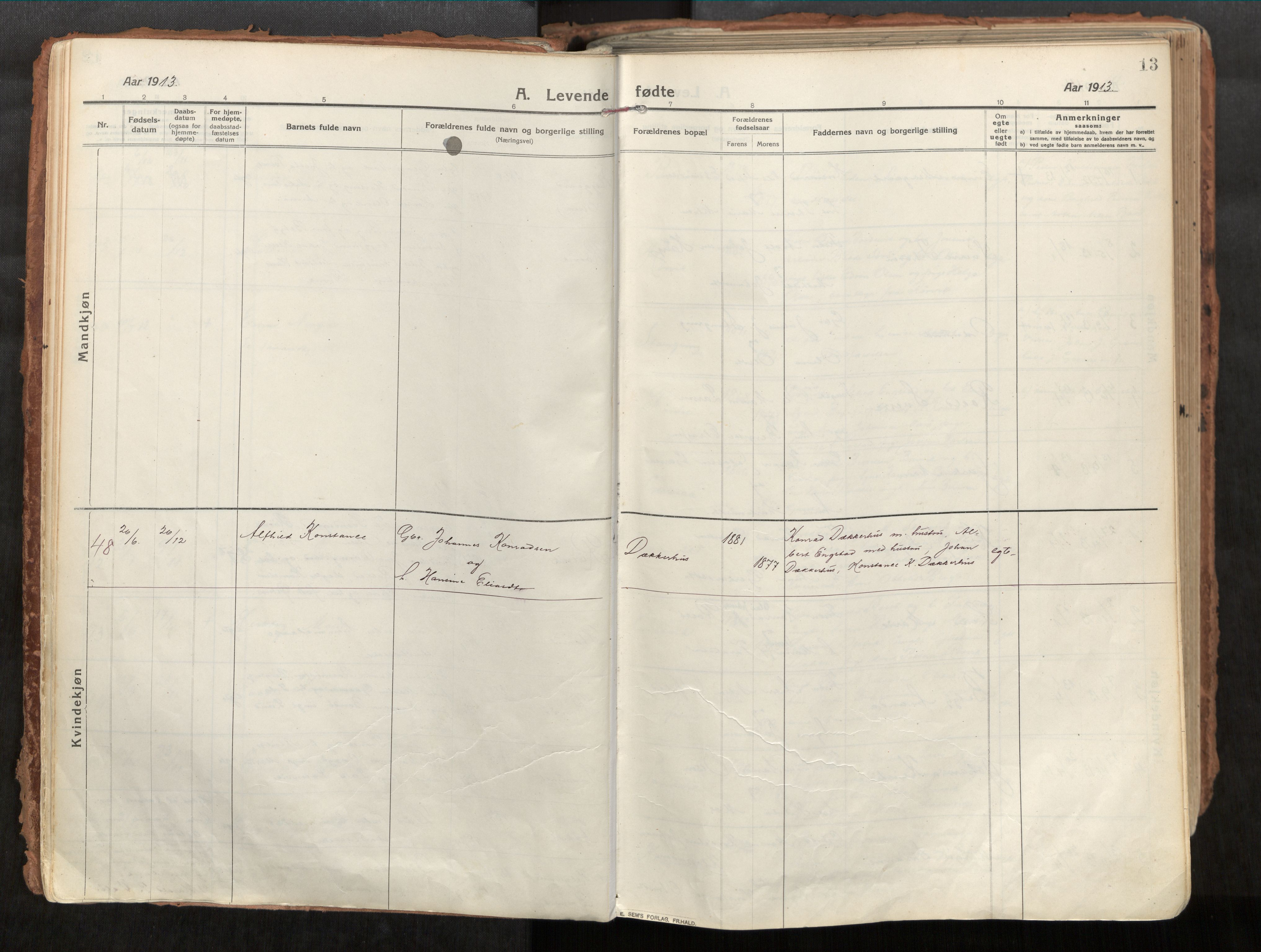 Vikna sokneprestkontor, AV/SAT-A-1173/1/I/I1/I1a/L0001: Parish register (official) no. 1, 1913-1934, p. 13