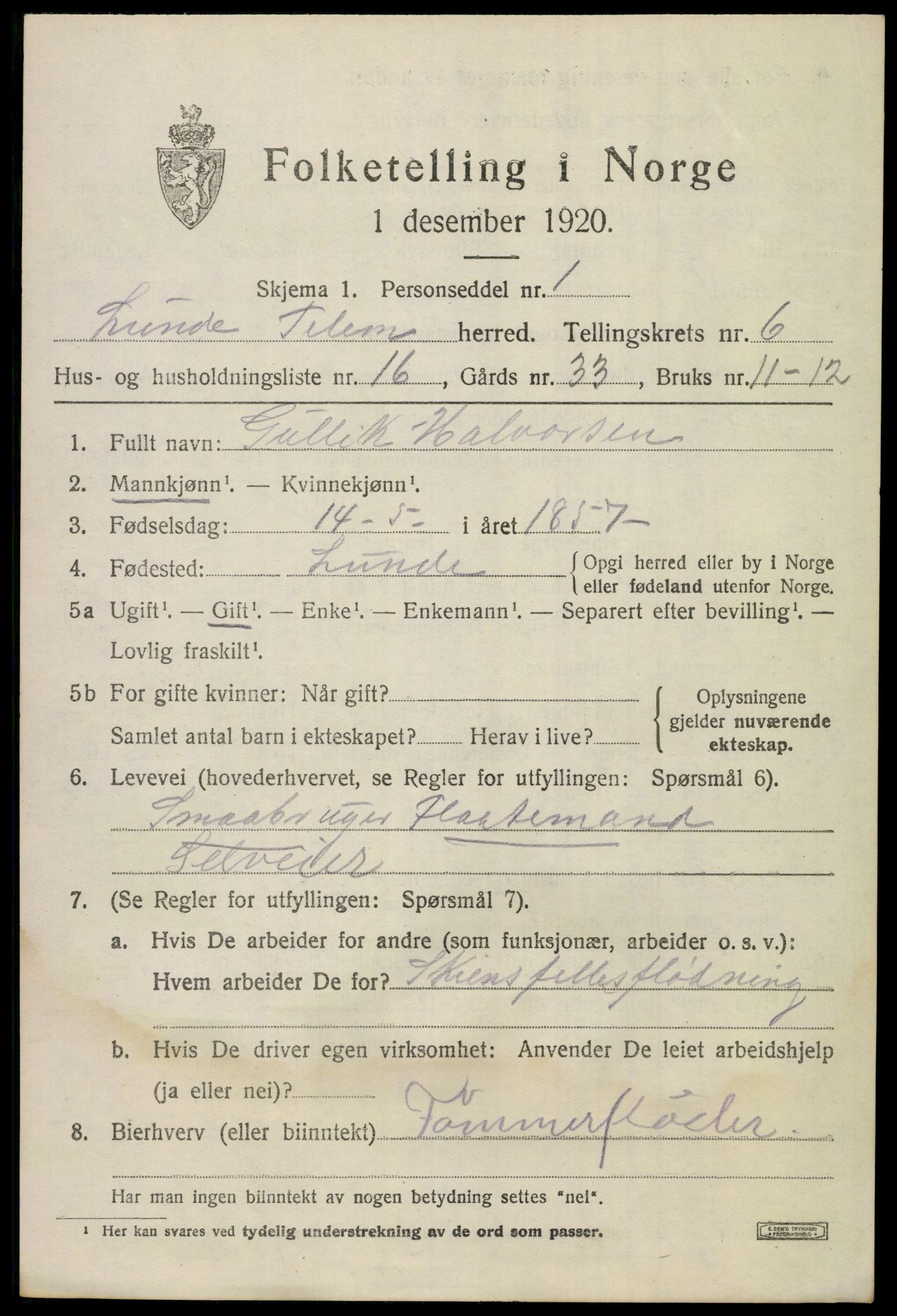 SAKO, 1920 census for Lunde, 1920, p. 4421