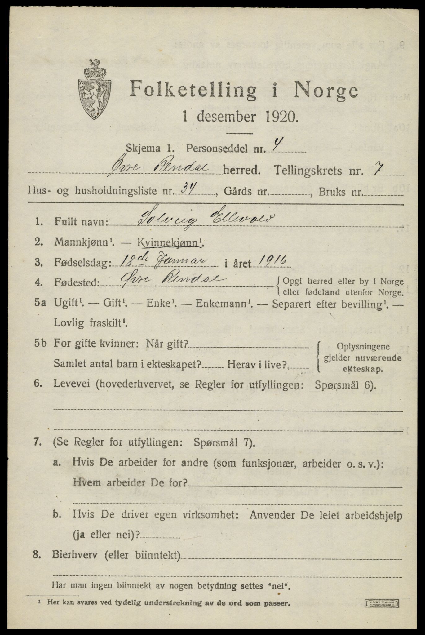 SAH, 1920 census for Øvre Rendal, 1920, p. 2825