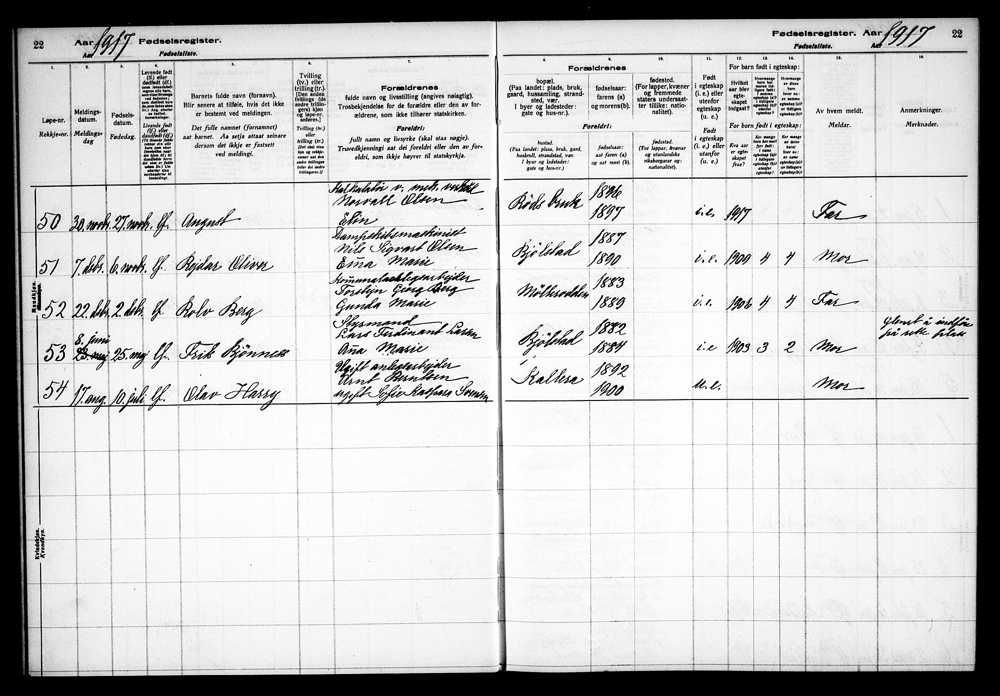 Kråkerøy prestekontor Kirkebøker, AV/SAO-A-10912/J/Ja/L0001: Birth register no. 1, 1916-1938, p. 22