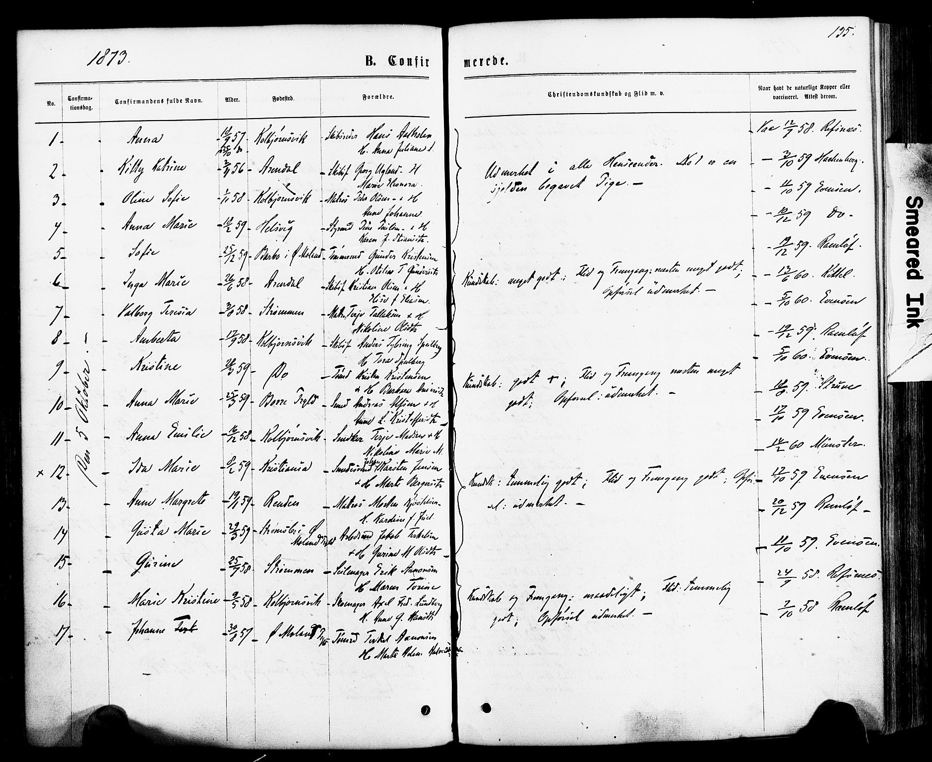 Hisøy sokneprestkontor, SAK/1111-0020/F/Fa/L0002: Parish register (official) no. A 2, 1872-1880, p. 135