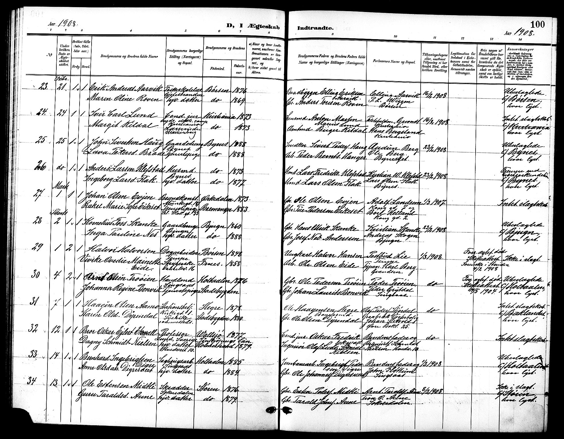 Ministerialprotokoller, klokkerbøker og fødselsregistre - Sør-Trøndelag, AV/SAT-A-1456/601/L0095: Parish register (copy) no. 601C13, 1902-1911, p. 100