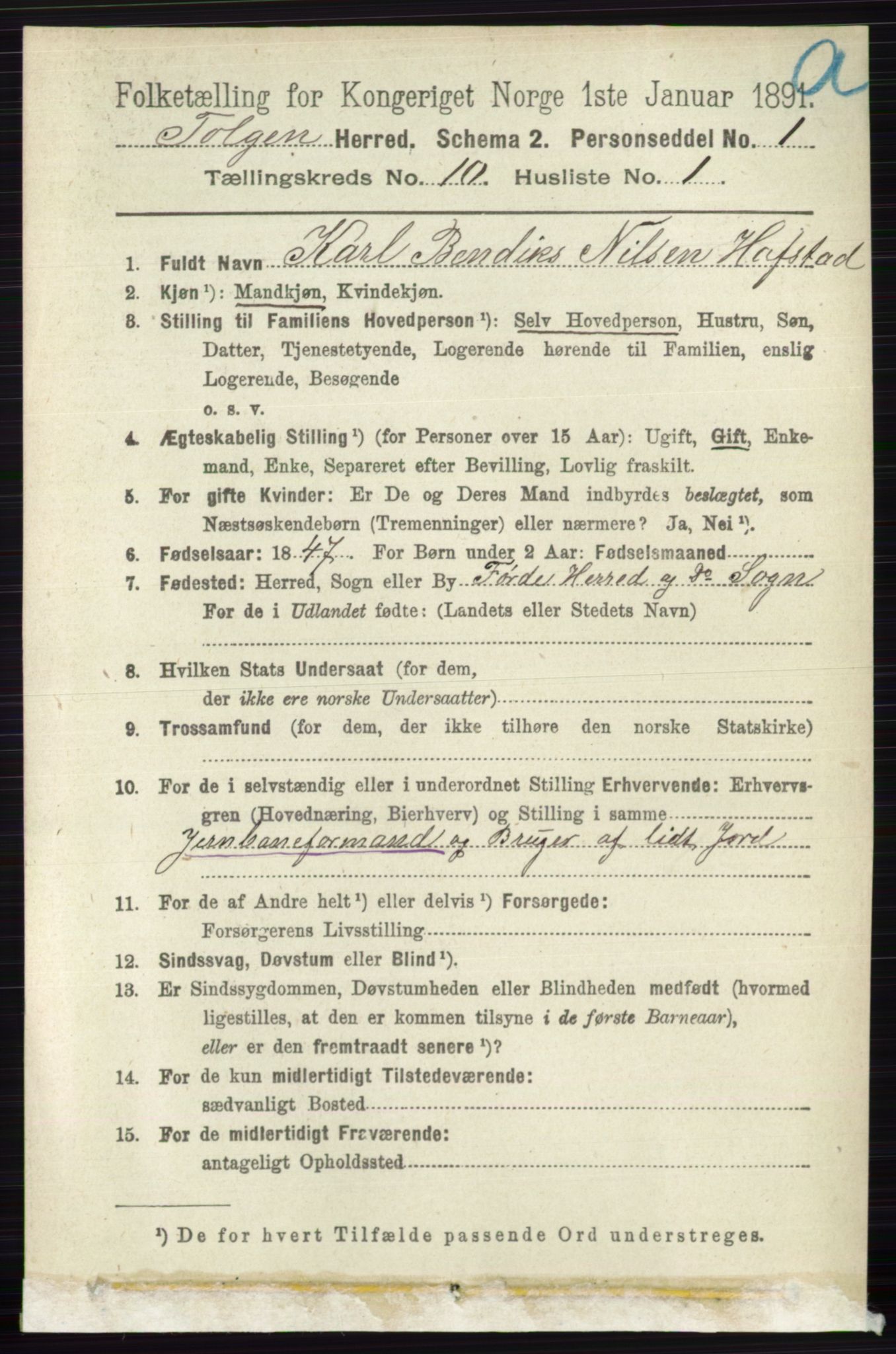 RA, 1891 census for 0436 Tolga, 1891, p. 2689