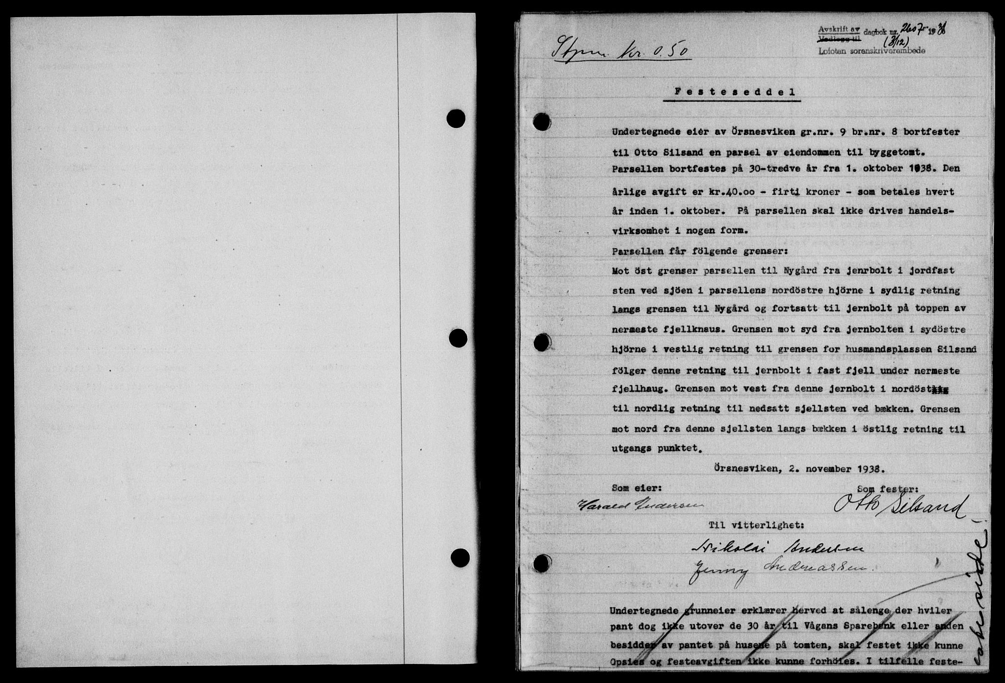 Lofoten sorenskriveri, SAT/A-0017/1/2/2C/L0005a: Mortgage book no. 5a, 1939-1939, Diary no: : 2607/1938